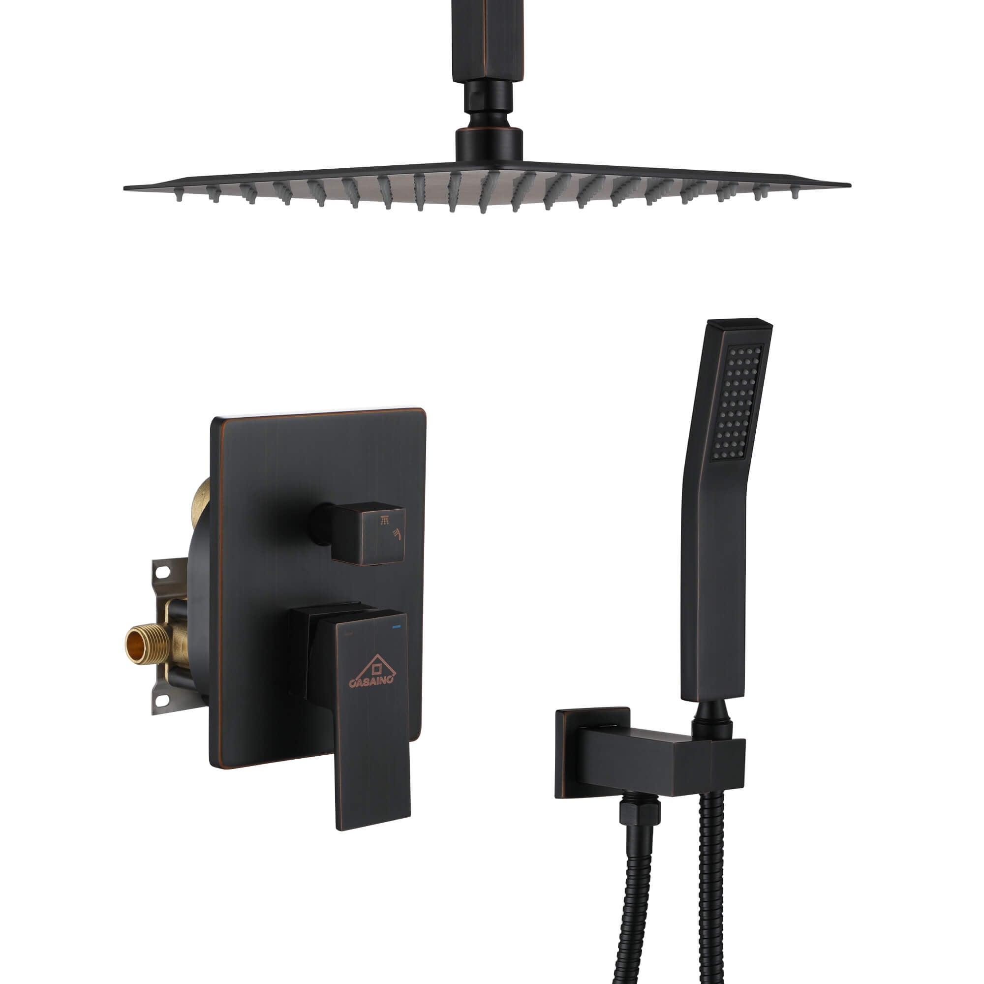 Ceiling-Mount Shower System with Handheld Shower and Rain Showerhead in Oil Rubbed Bronze