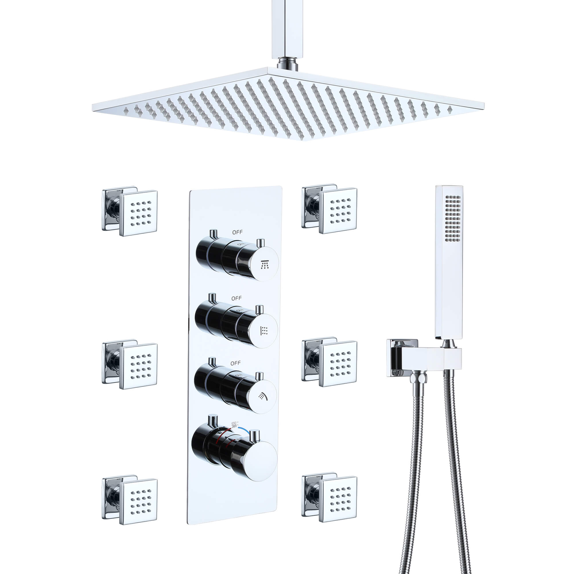 12 Inch 6-Spray Rainfall Built-In Shower System with Handheld Shower Sets and Body Sprays for Spa Like Shower Experience