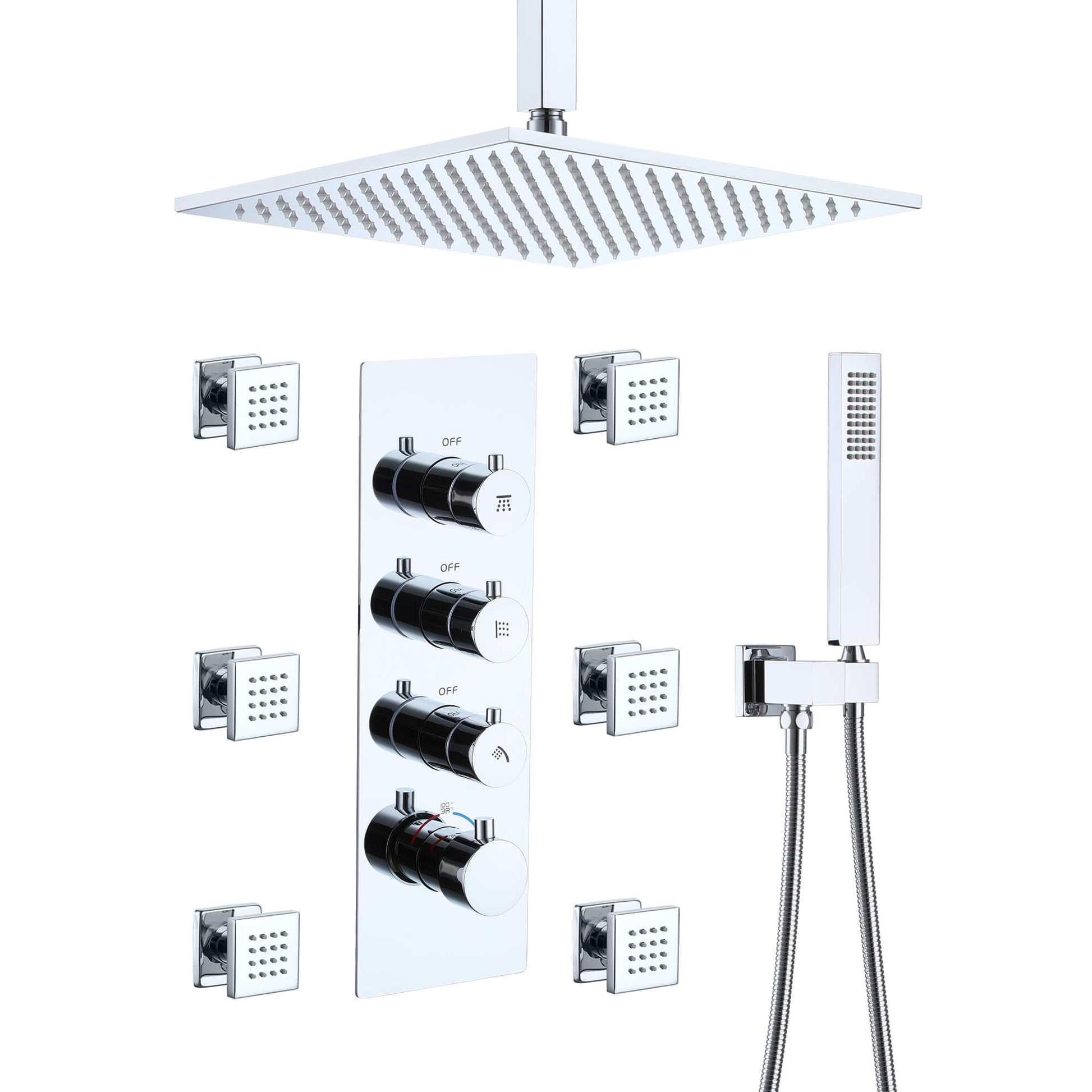 12 Inch 6-Spray Rainfall Built-In Shower System with Handheld Shower Sets and Body Sprays for Spa Like Shower Experience