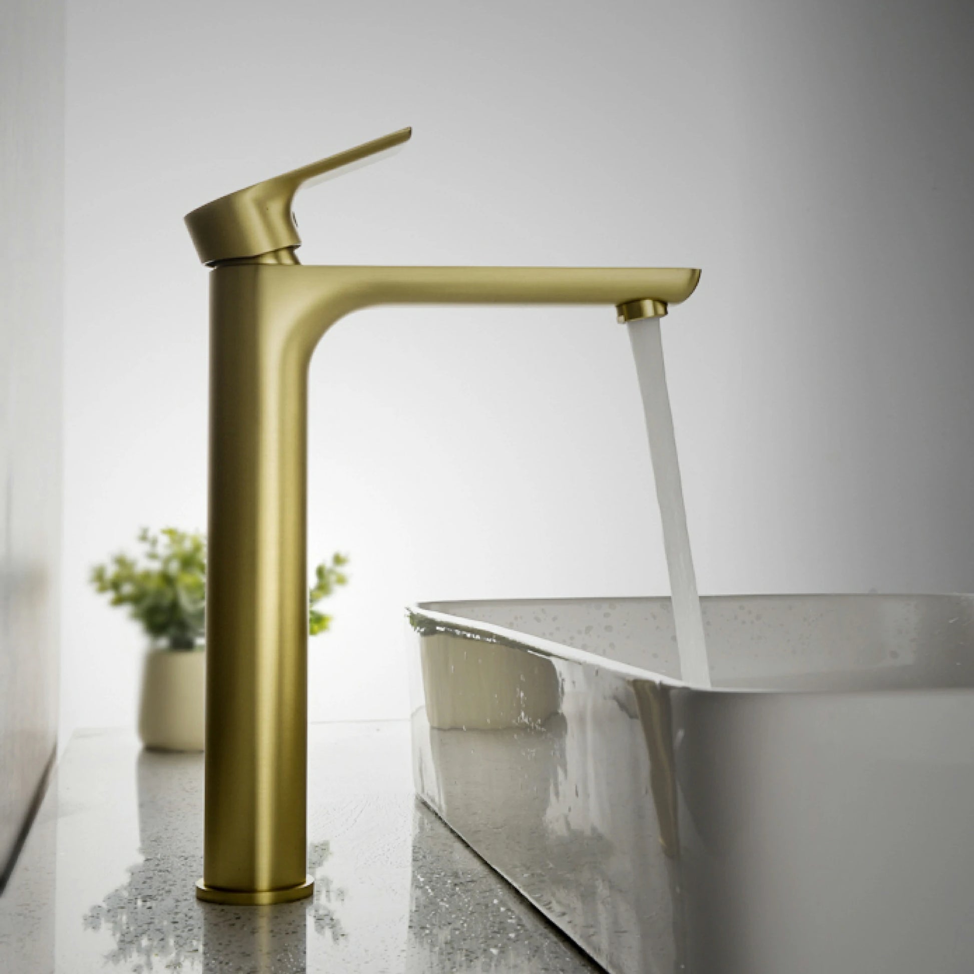 12" High Brass Bathroom Sink Faucet with Rectangular Aerated Spout & Brushed Gold Finish