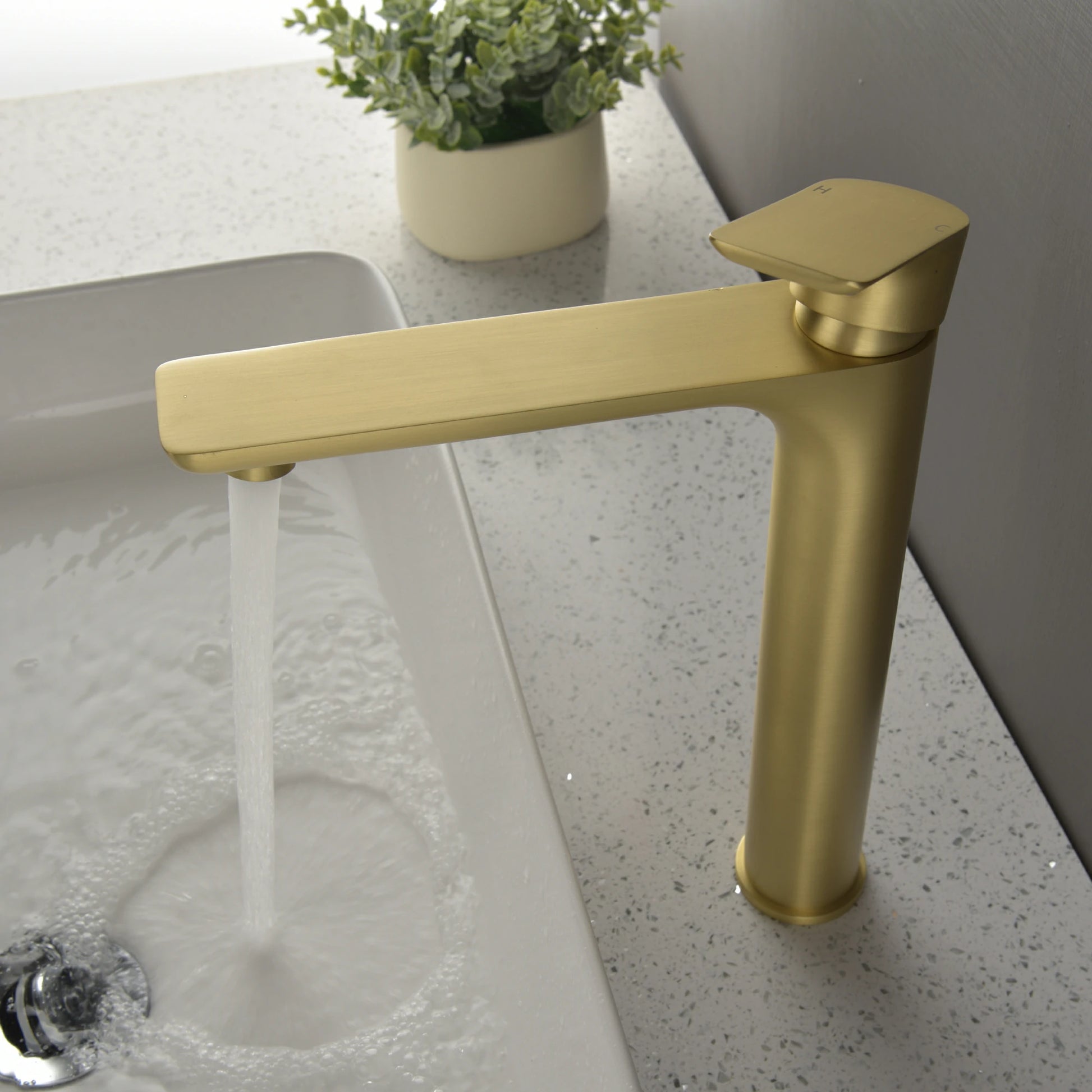 12" High Brass Bathroom Sink Faucet with Rectangular Aerated Spout & Brushed Gold Finish