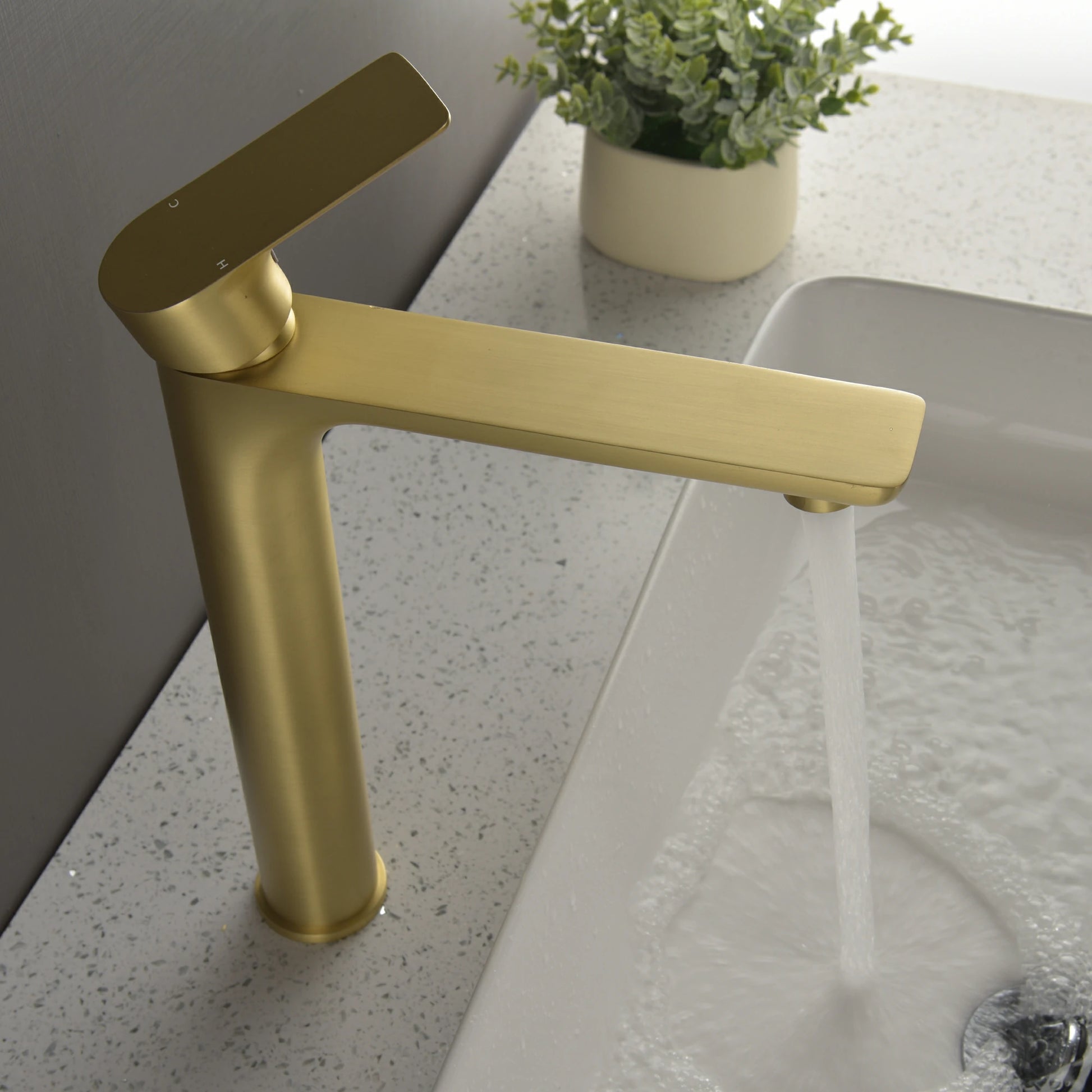 12" High Brass Bathroom Sink Faucet with Rectangular Aerated Spout & Brushed Gold Finish