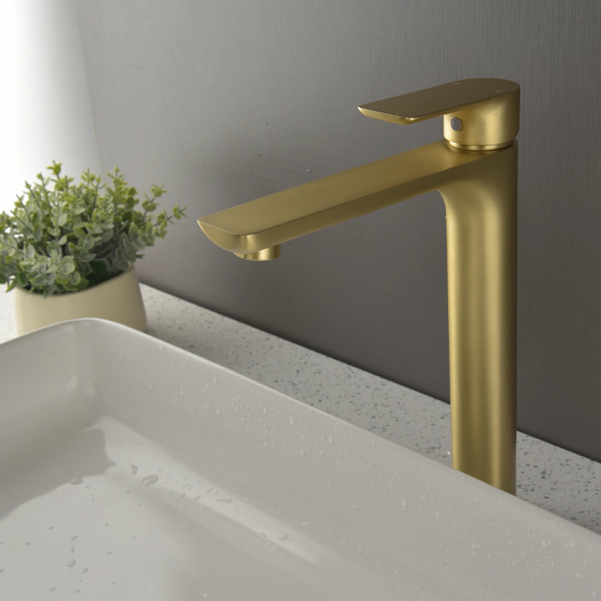 12" High Brass Bathroom Sink Faucet with Rectangular Aerated Spout & Brushed Gold Finish