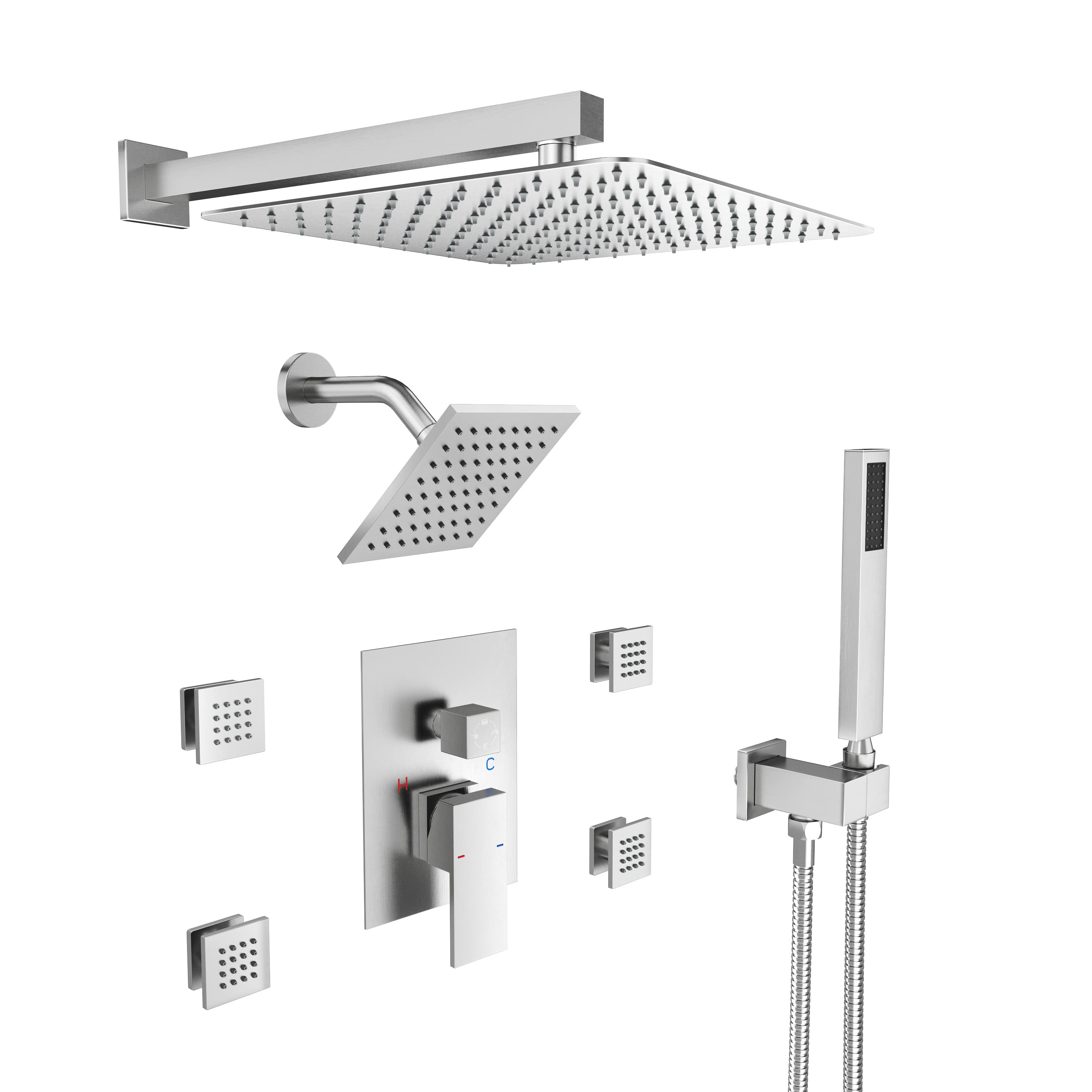 12" Wall-Mounted 4-Function Dual Shower System with Body Jets