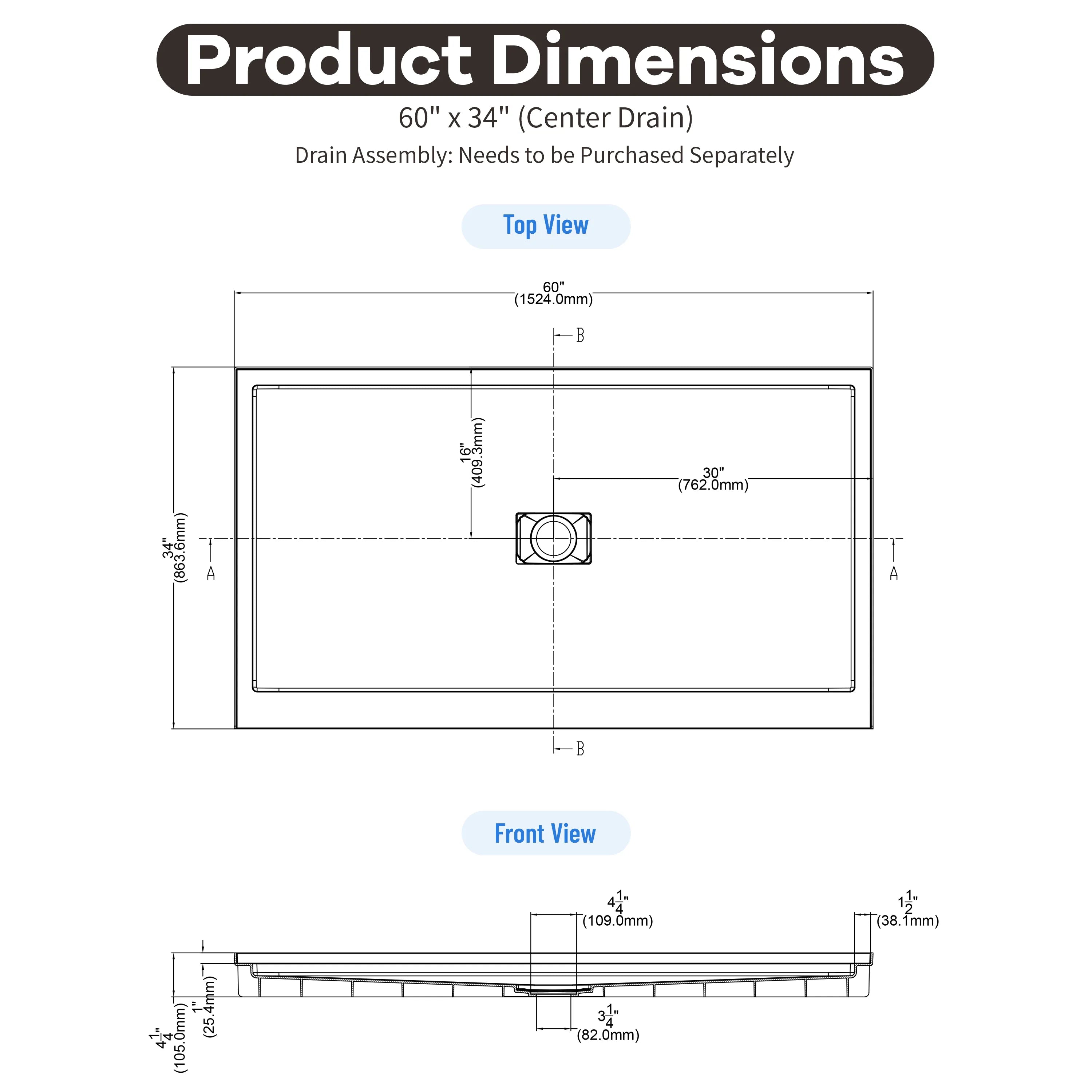36"-60"x30"-36" White SMC Shower Base with Flamed Rock Slip-Resistant Surface, Center Drain