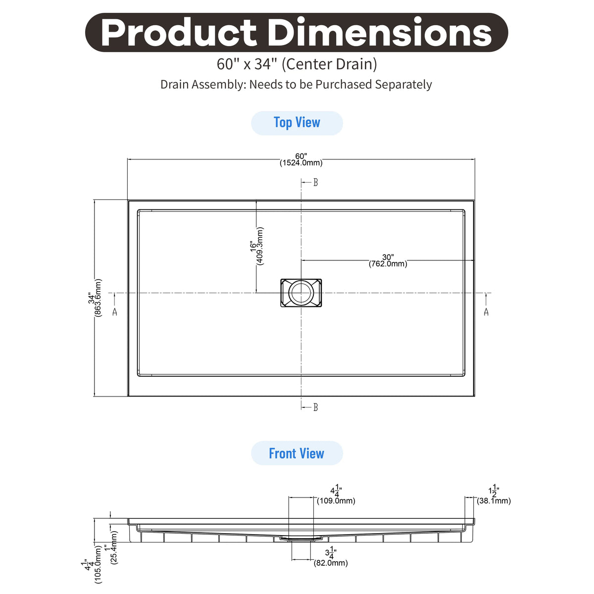 36"-60"x30"-36" White SMC Shower Base with Flamed Rock Slip-Resistant Surface, Center Drain