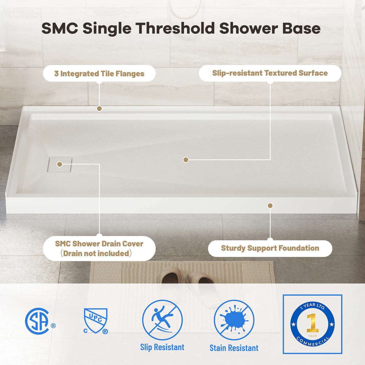 48"/60"x30"-36" White SMC Shower Base with Flamed Rock Slip-Resistant Surface, Left/Right Drain