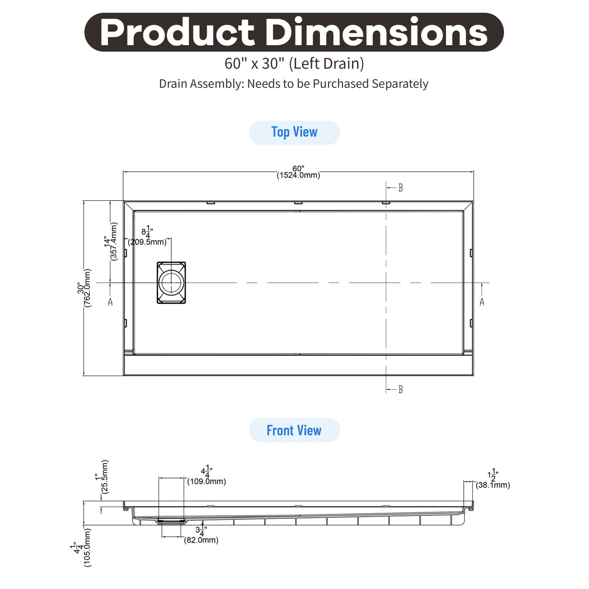 60"x30"/32" Grey One-Piece SMC Shower Pan Base with Anti-Slip Texture
