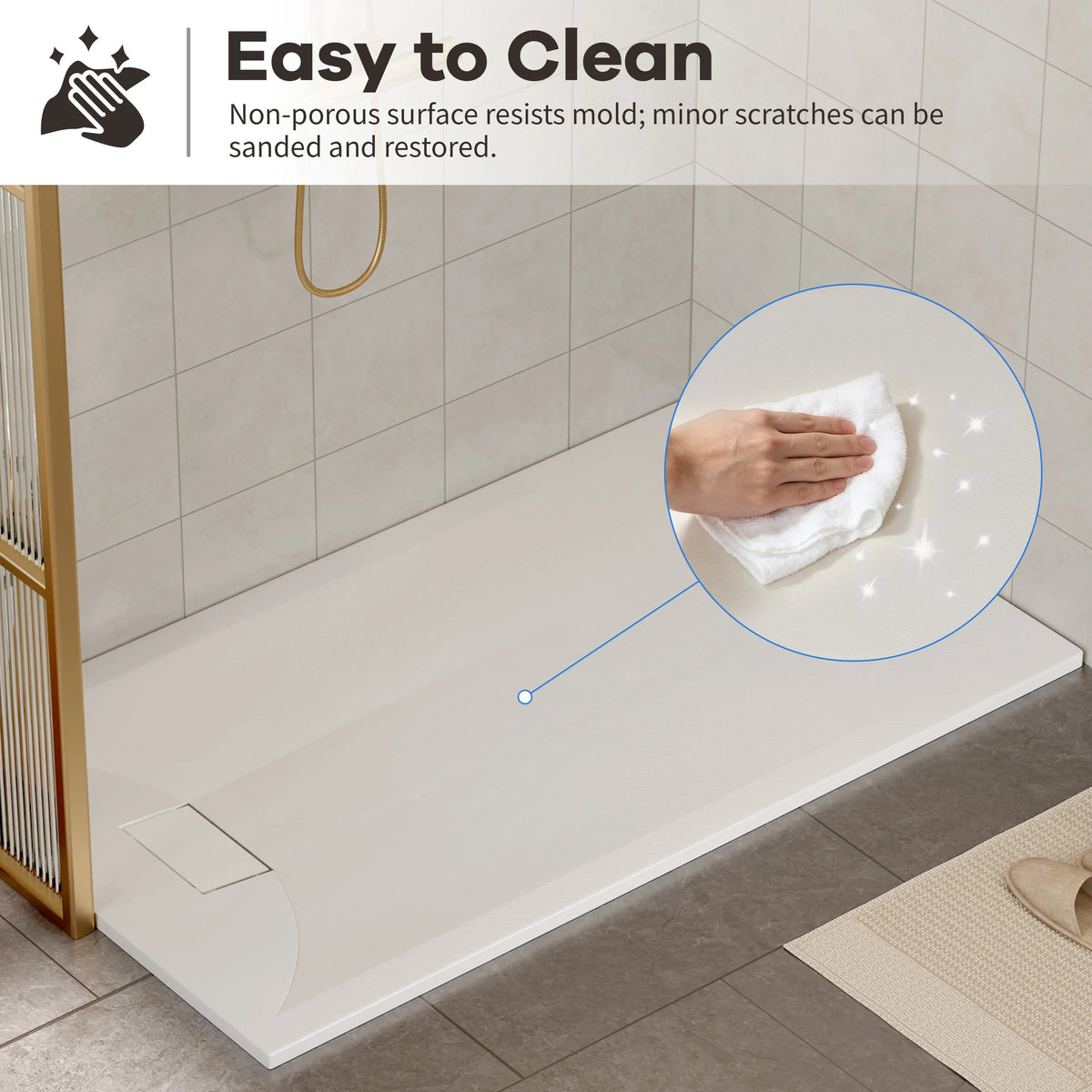 60"x32"/36" Curbless SMC Shower Base with Flamed Rock Slip-Resistant Surface, Reversible Drain