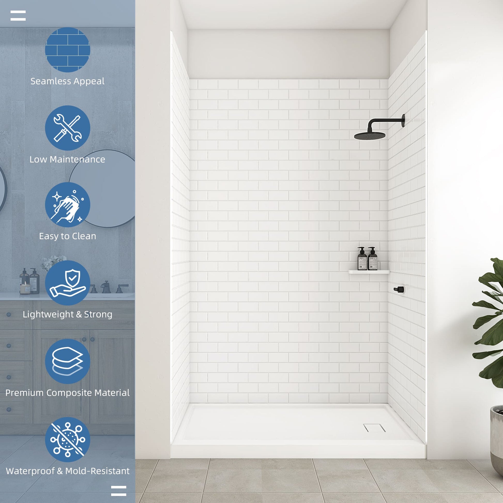 60"x32"x96" SMC Shower Wall Panel Kit with Small Subway Tile Pattern with Matte White / Glossy White Finish