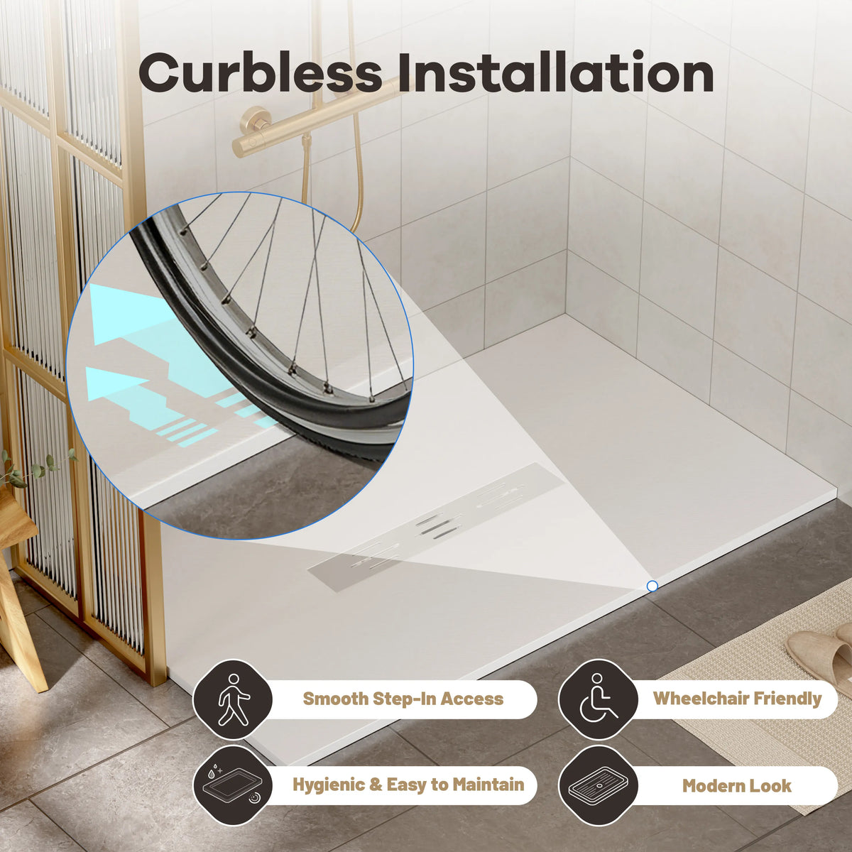 60"x36" White/Calacatta Curbless SMC Shower Base with Flamed Rock Slip-Resistant Surface, Center Drain