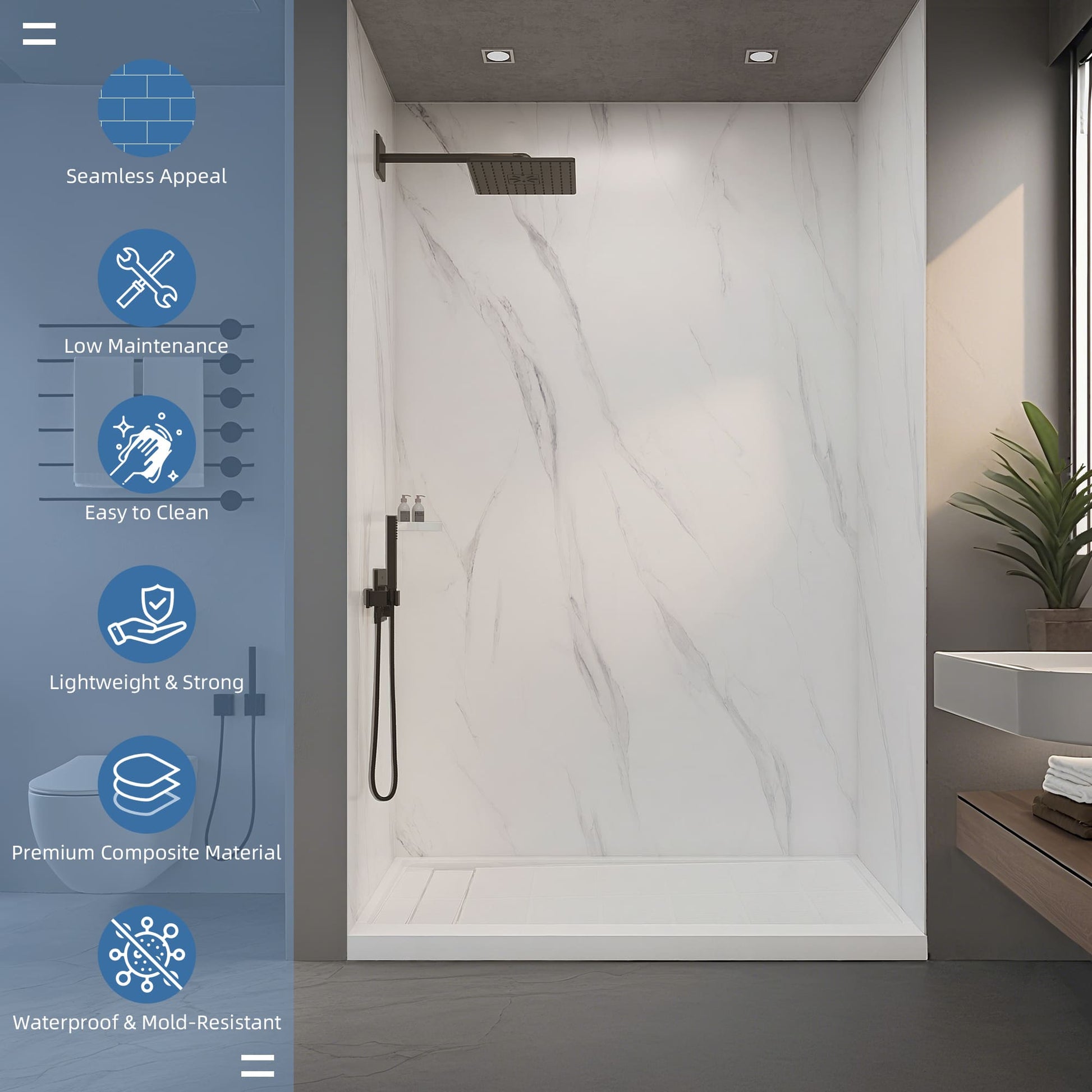 60"x36"x96" SMC Shower Wall Panel Kit in Calacatta/Carrara Finish with Grout-Free Matte Surface