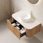 Floating Bathroom Vanity with Curved Edges, Fluted Drawer Fronts, Carrara Sintered Stone Top and Round Ceramic Vessel Sink, Natural Woodgrain / Dark Walnut