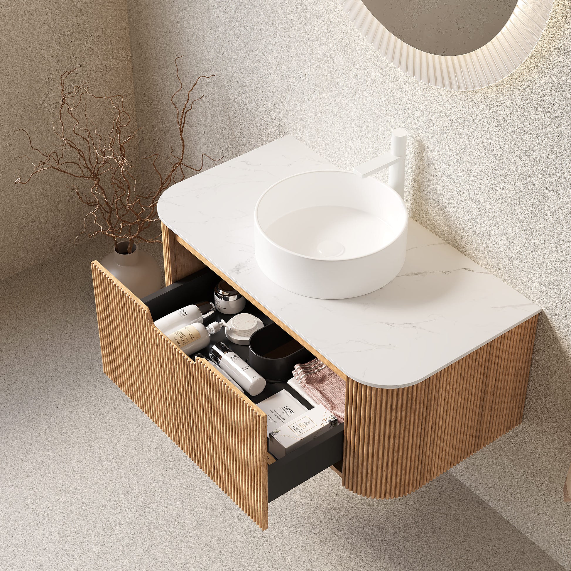 Floating Bathroom Vanity with Curved Edges, Fluted Drawer Fronts, Carrara Sintered Stone Top and Round Ceramic Vessel Sink, Natural Woodgrain / Dark Walnut