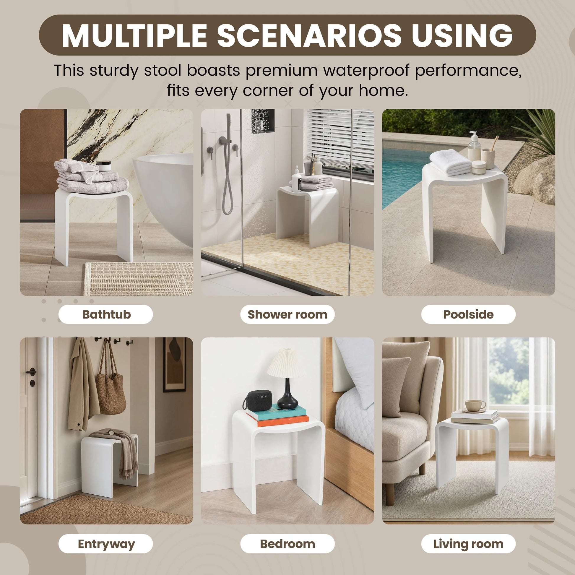 Solid Surface U-Shaped Shower Stool in Matte White / Matte Black