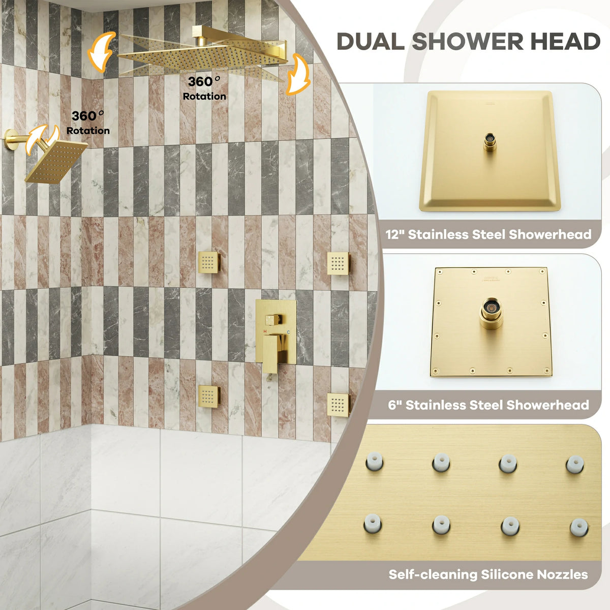 12" Wall-Mounted 4-Function Dual Shower System with Body Jets