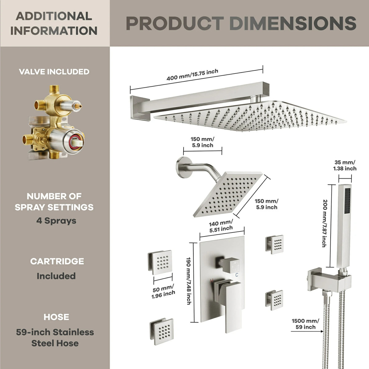 12" Wall-Mounted 4-Function Dual Shower System with Body Jets