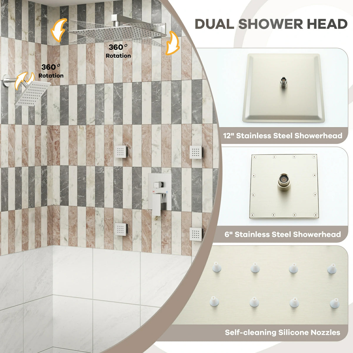 12" Wall-Mounted 4-Function Dual Shower System with Body Jets
