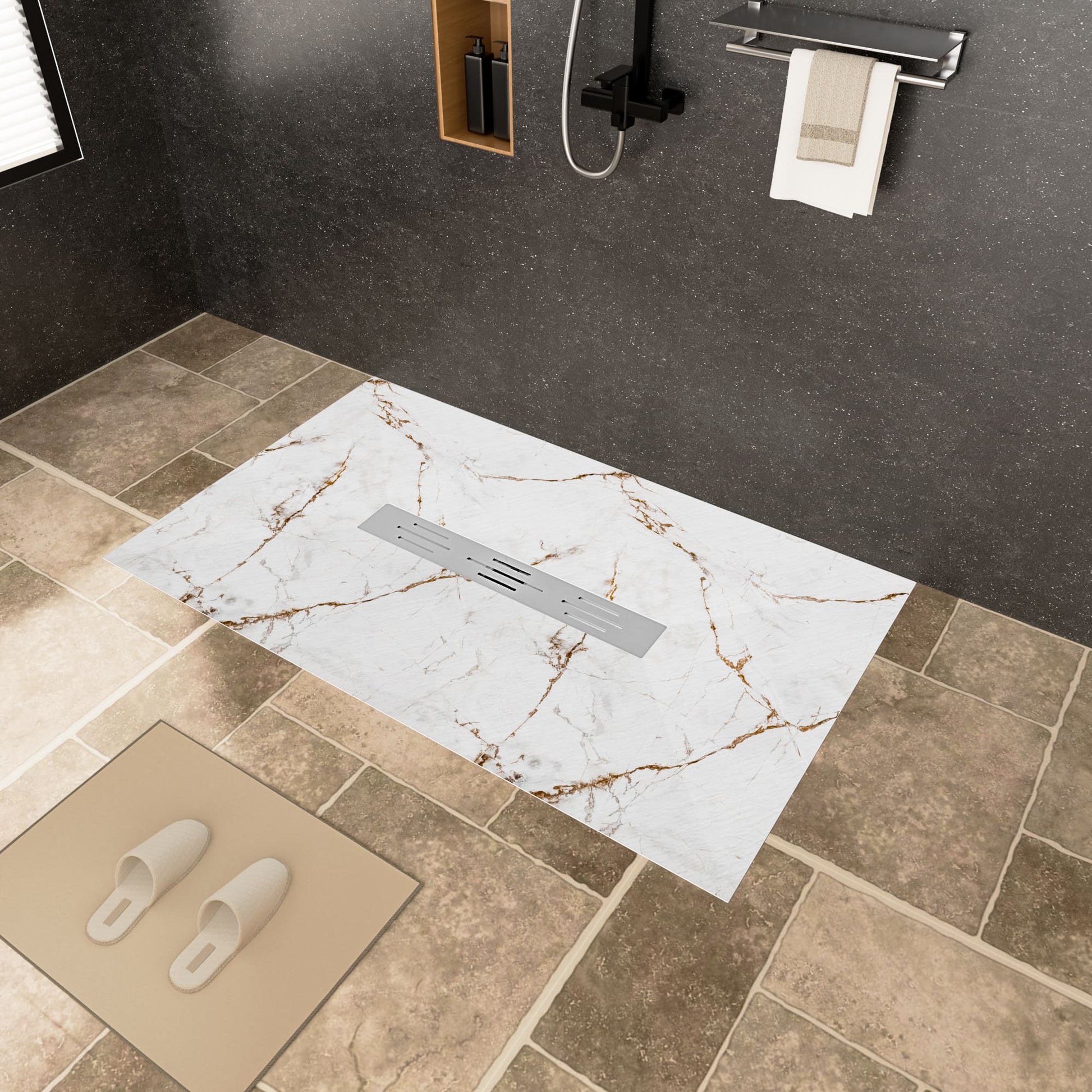 White/Calacatta Curbless SMC Shower Base with Flamed Rock Slip-Resistant Surface, Center Drain