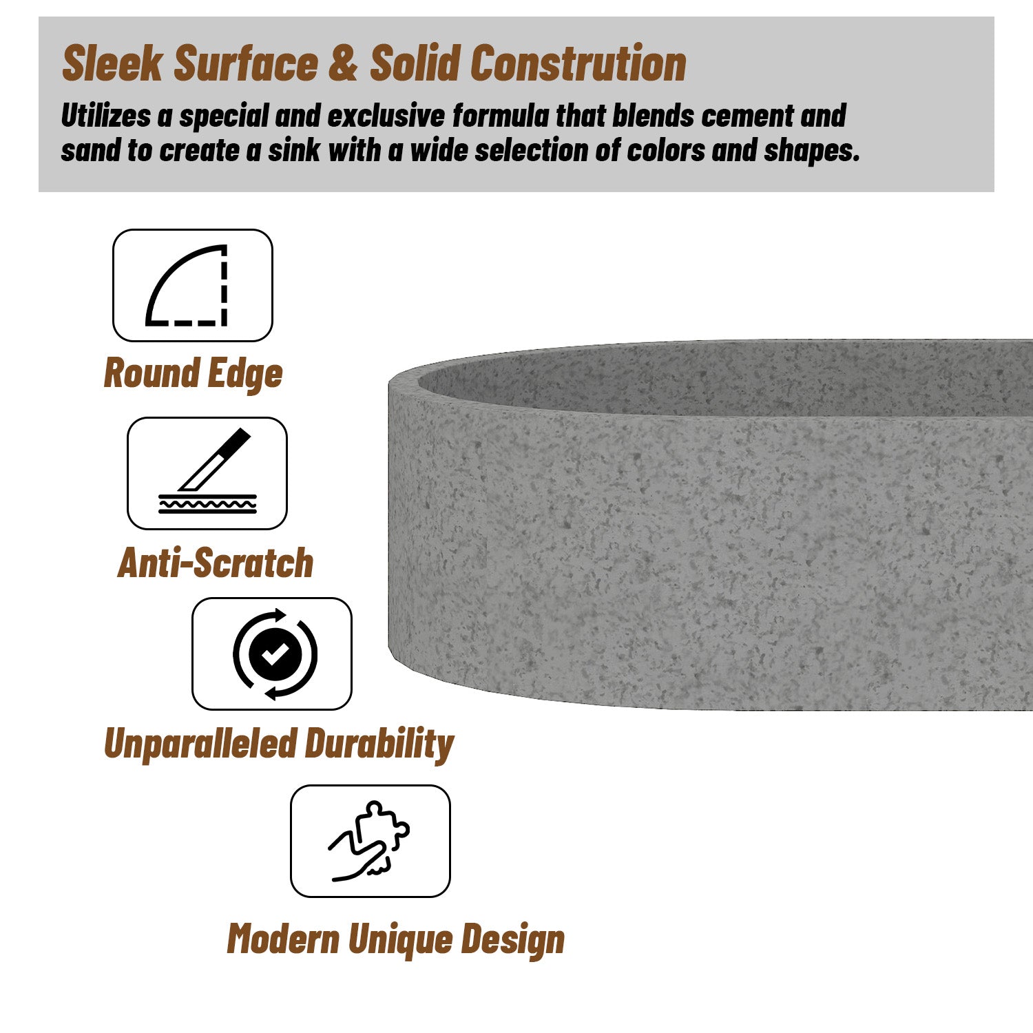 CASAINC 23in Bathroom Concrete Oval Vessel Sink with Drainer in Black Earth / Mottled Bluish Grey / Cold Concrete Grey