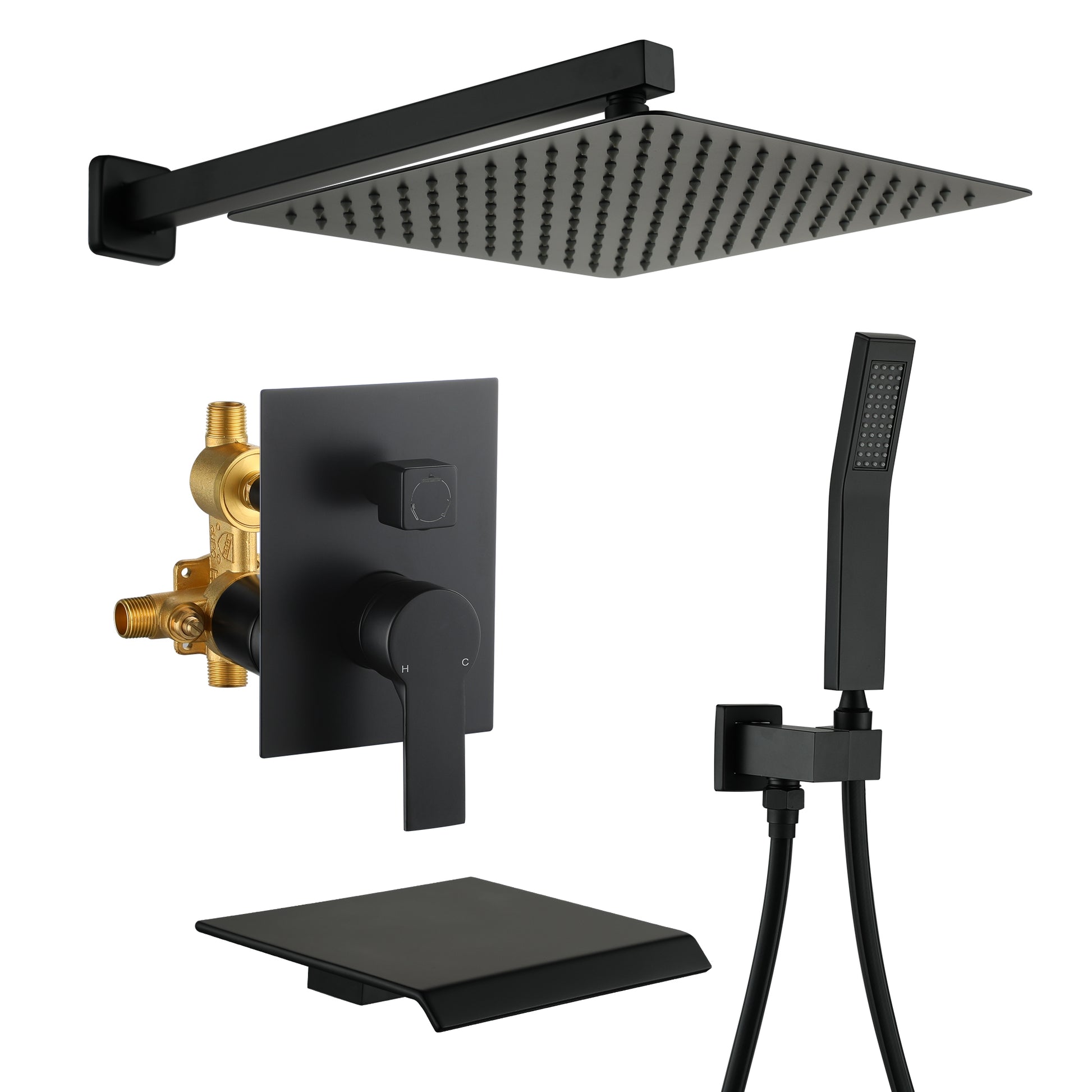 12" Wall-Mount Shower System with Tub Spout in Matte Black