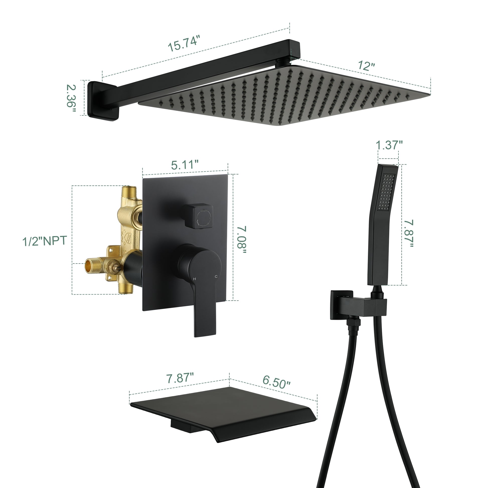 12" Wall-Mount Shower System with Tub Spout in Matte Black