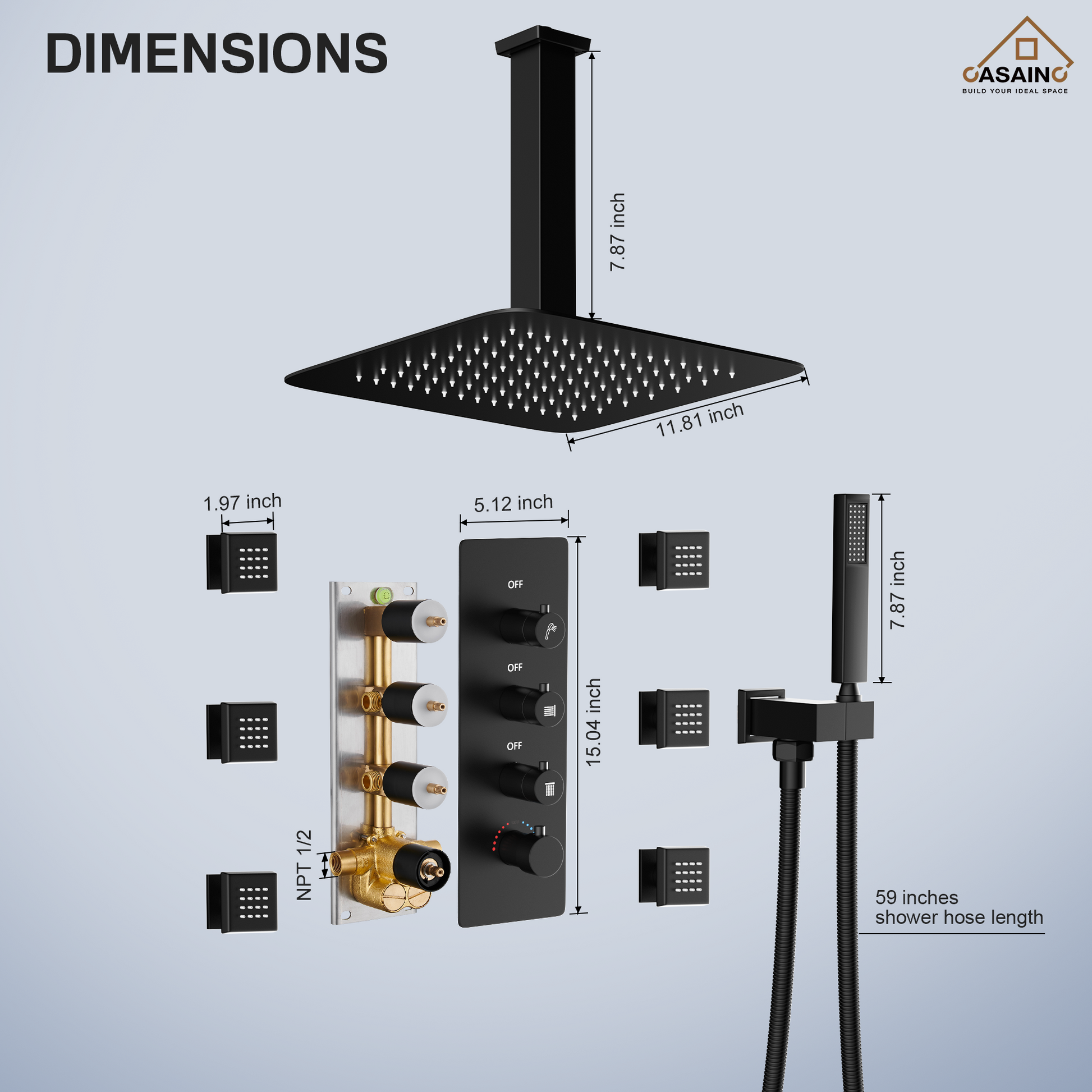 12" Ceiling Mount Rain Shower System with Handheld and Body Jets