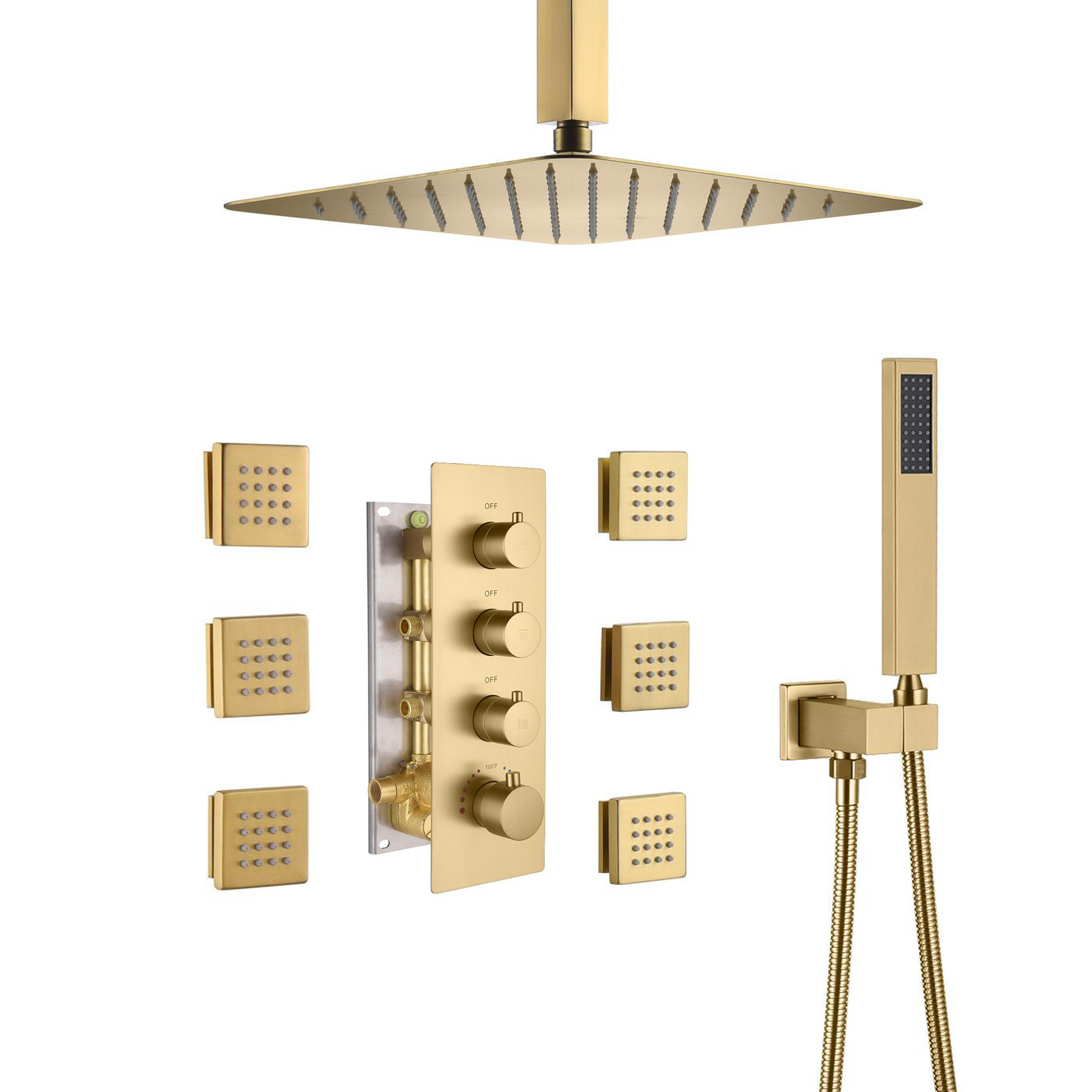 12" Ceiling Mount Rain Shower System with Handheld and Body Jets