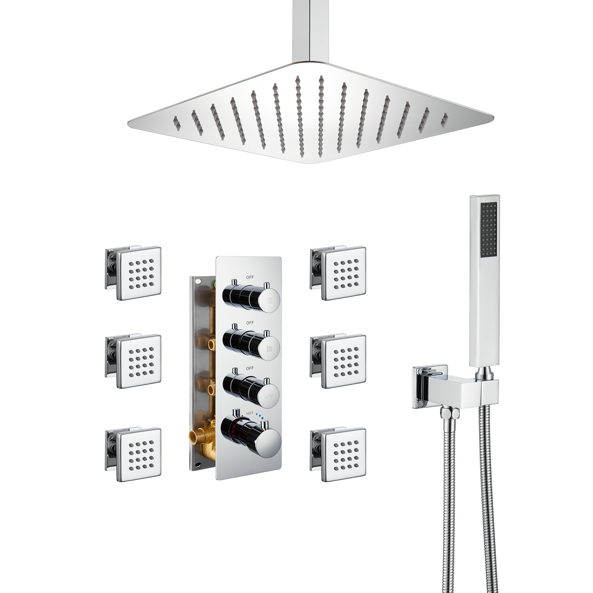 12" Ceiling Mount Rain Shower System with Handheld and Body Jets