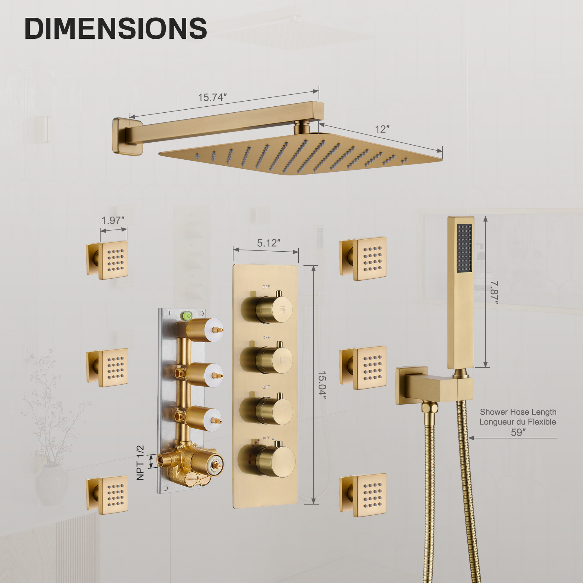 12" Thermostatic Shower System with Rainfall Showerhead & 6 Body Jets