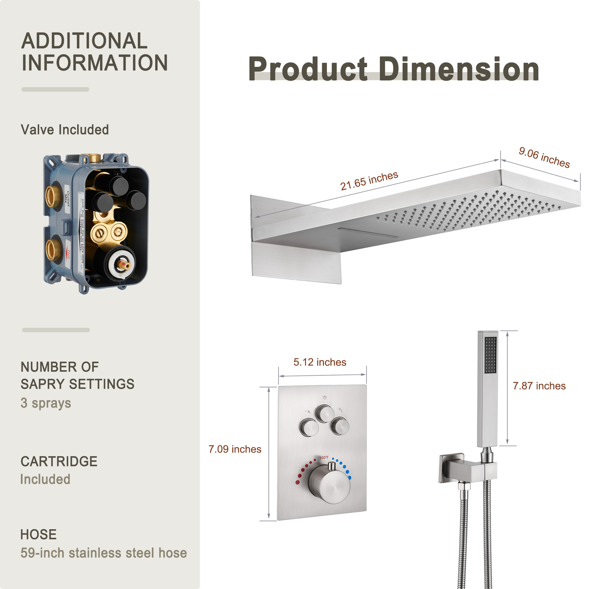 22" Thermostatic Shower System with Rainfall and Waterfall Shower Head
