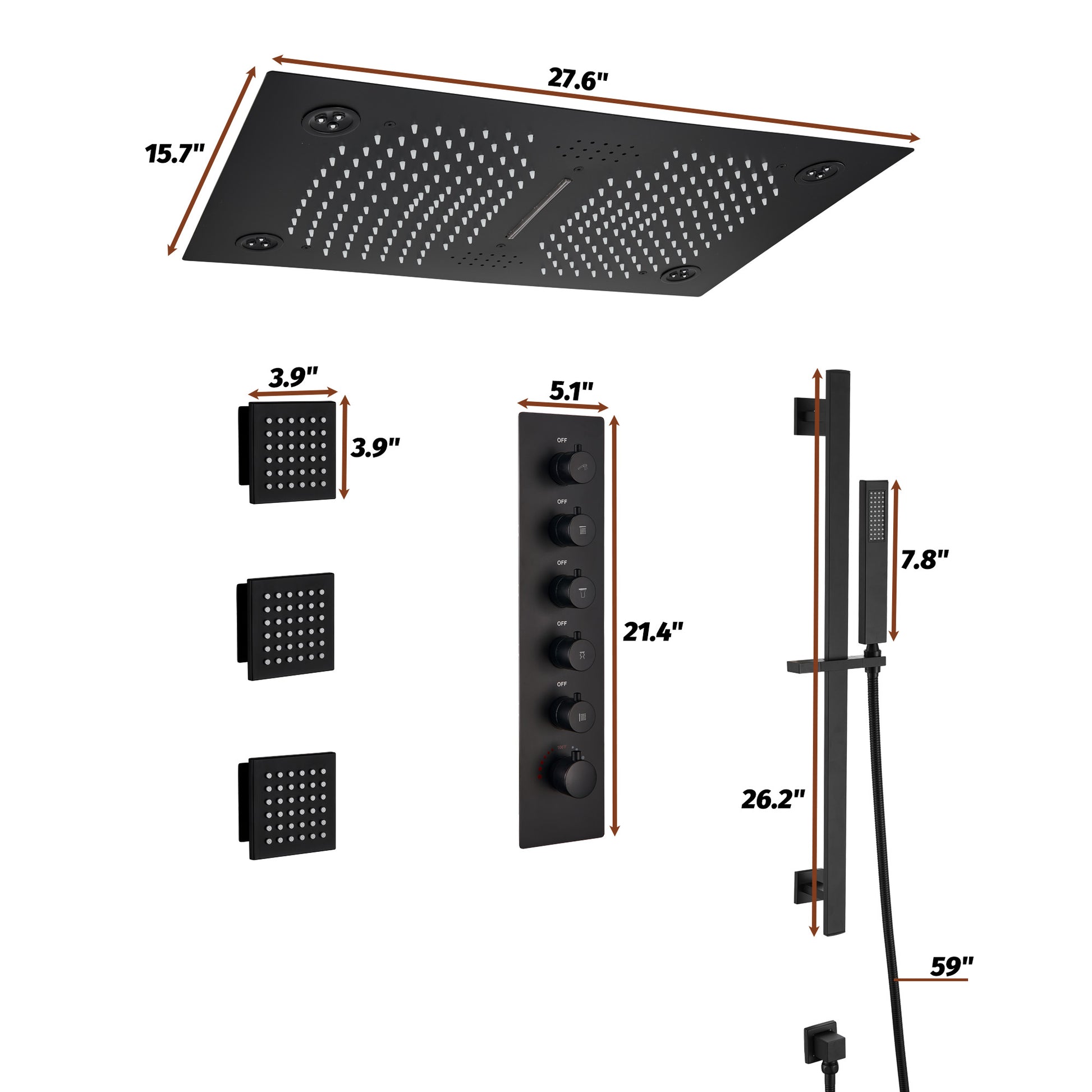27.6" x 15.7" Luxury Thermostatic Shower System with LED Rainfall & Waterfall