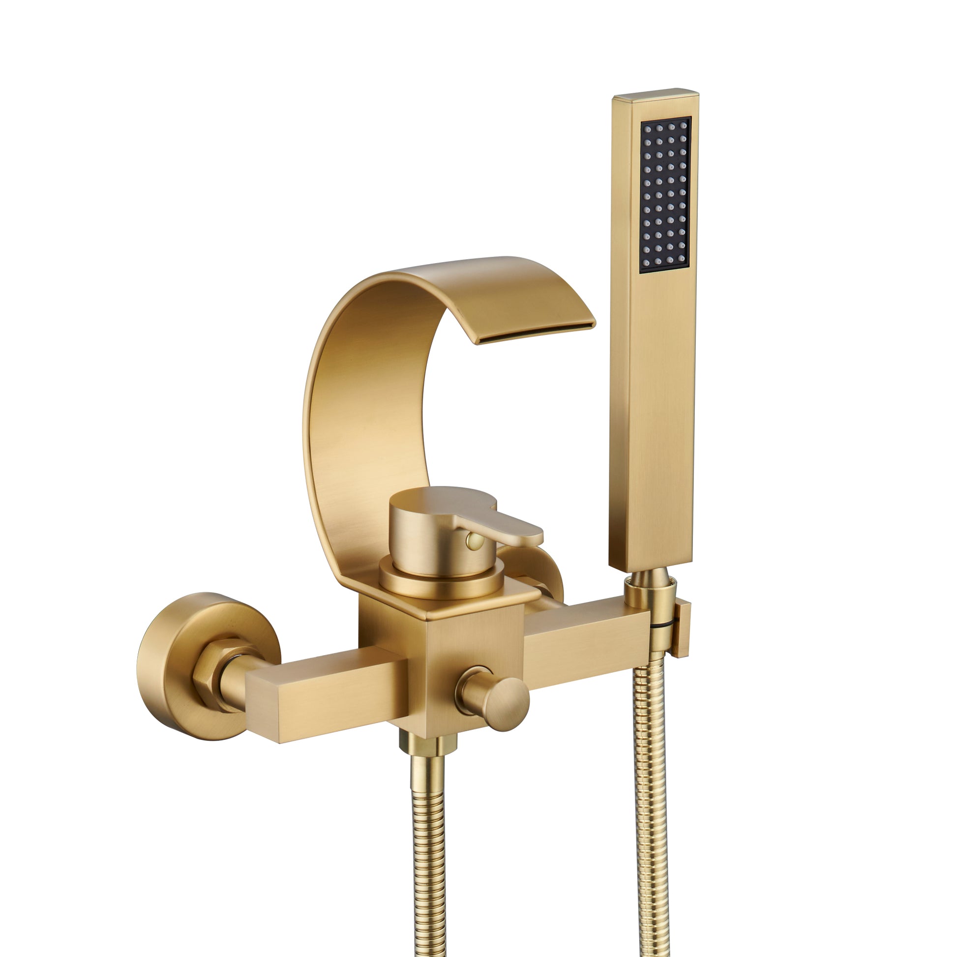 Wall-Mounted Brass Waterfall Tub Filler with Handheld Shower
