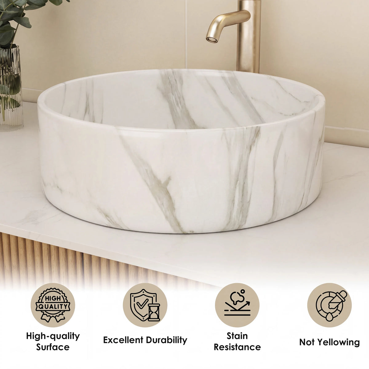14 in. Round Ceramic Vessel Bathroom Sink in Glossy White / Stone Pattern Matte White