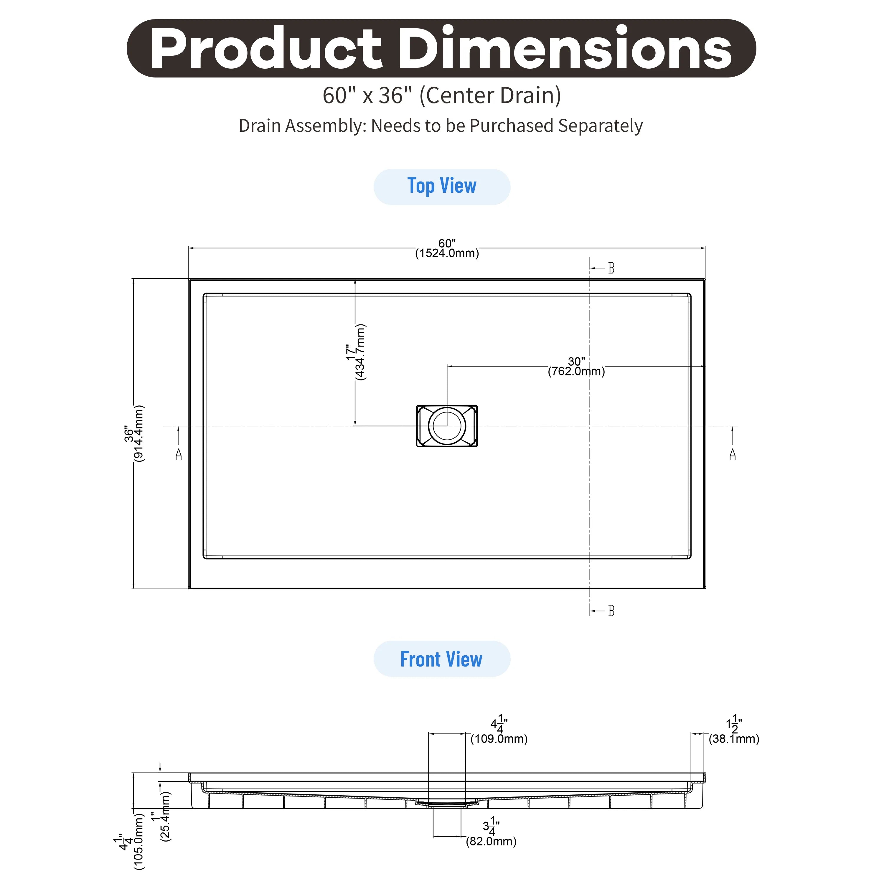 36"-60"x30"-36" White SMC Shower Base with Flamed Rock Slip-Resistant Surface, Center Drain