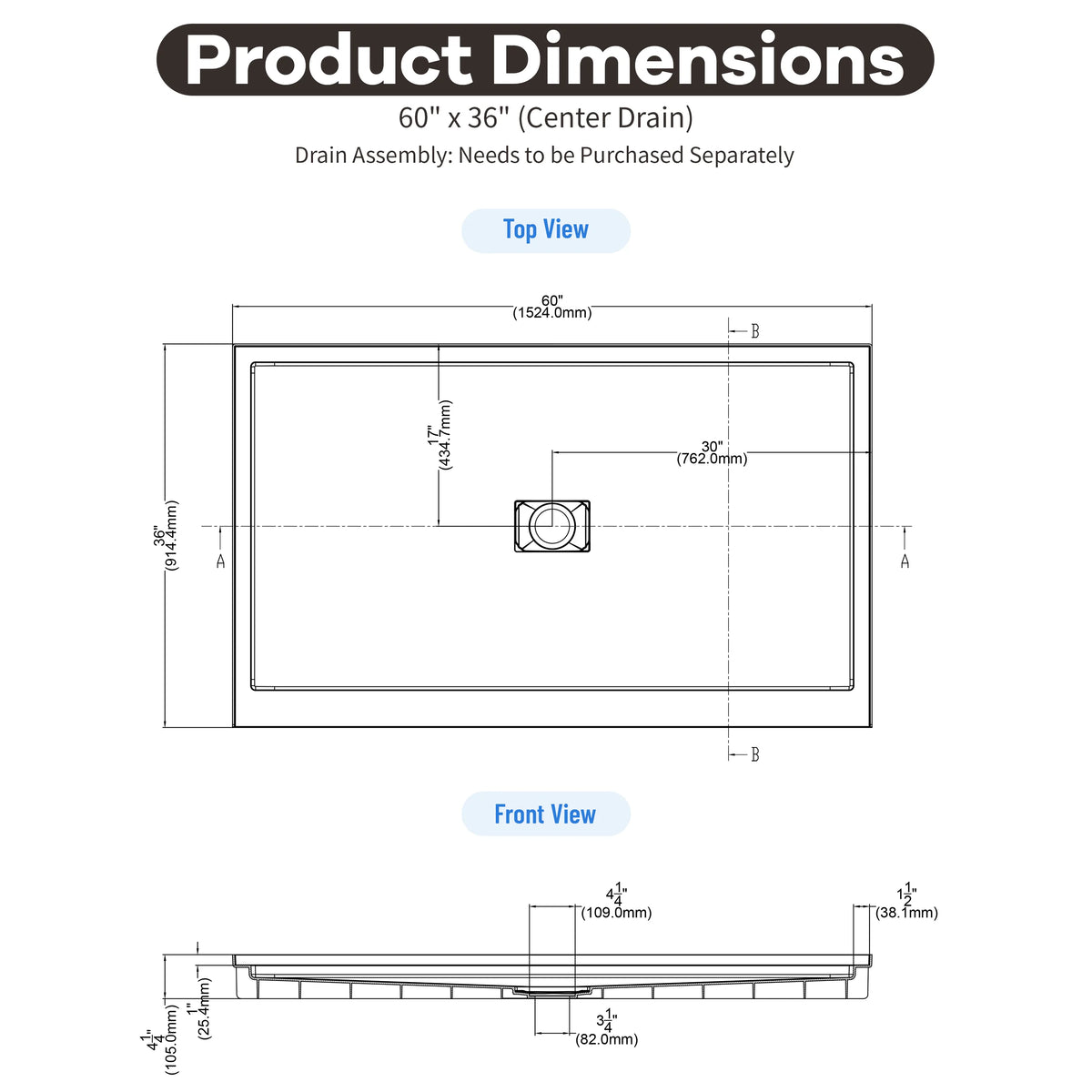 36"-60"x30"-36" White SMC Shower Base with Flamed Rock Slip-Resistant Surface, Center Drain