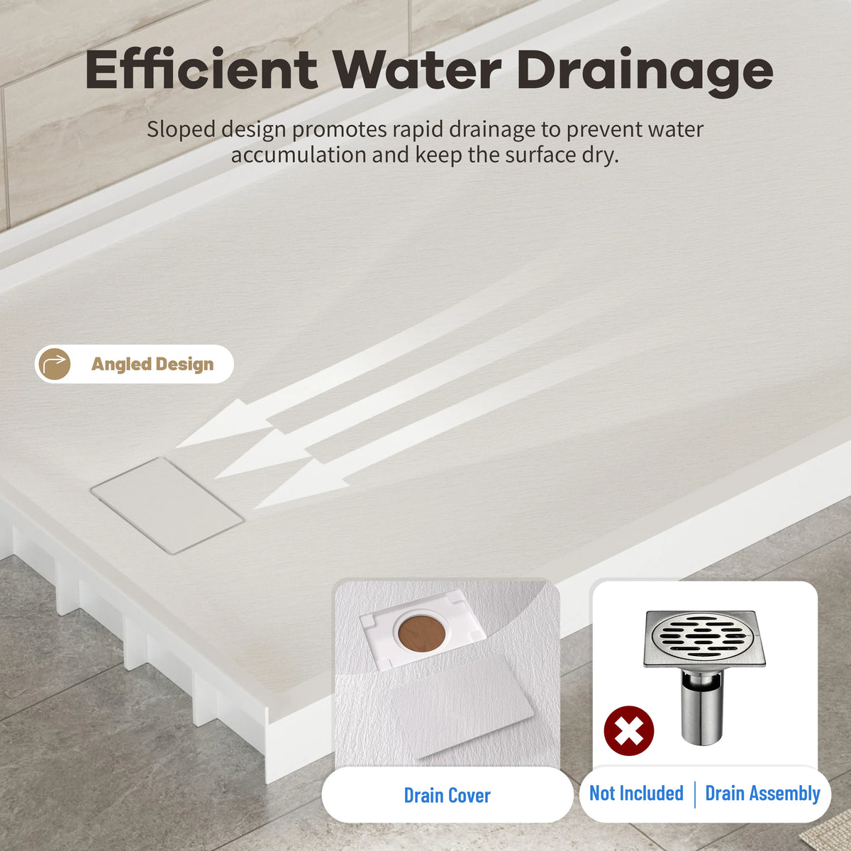 48"/60"x30"-36" White SMC Shower Base with Flamed Rock Slip-Resistant Surface, Left/Right Drain