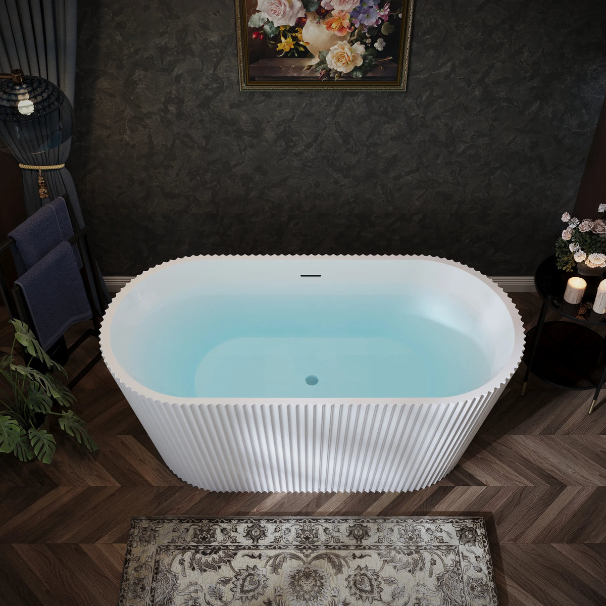 59"/67" Gloss White Acrylic Freestanding Bathtub with Fluted Oval Design