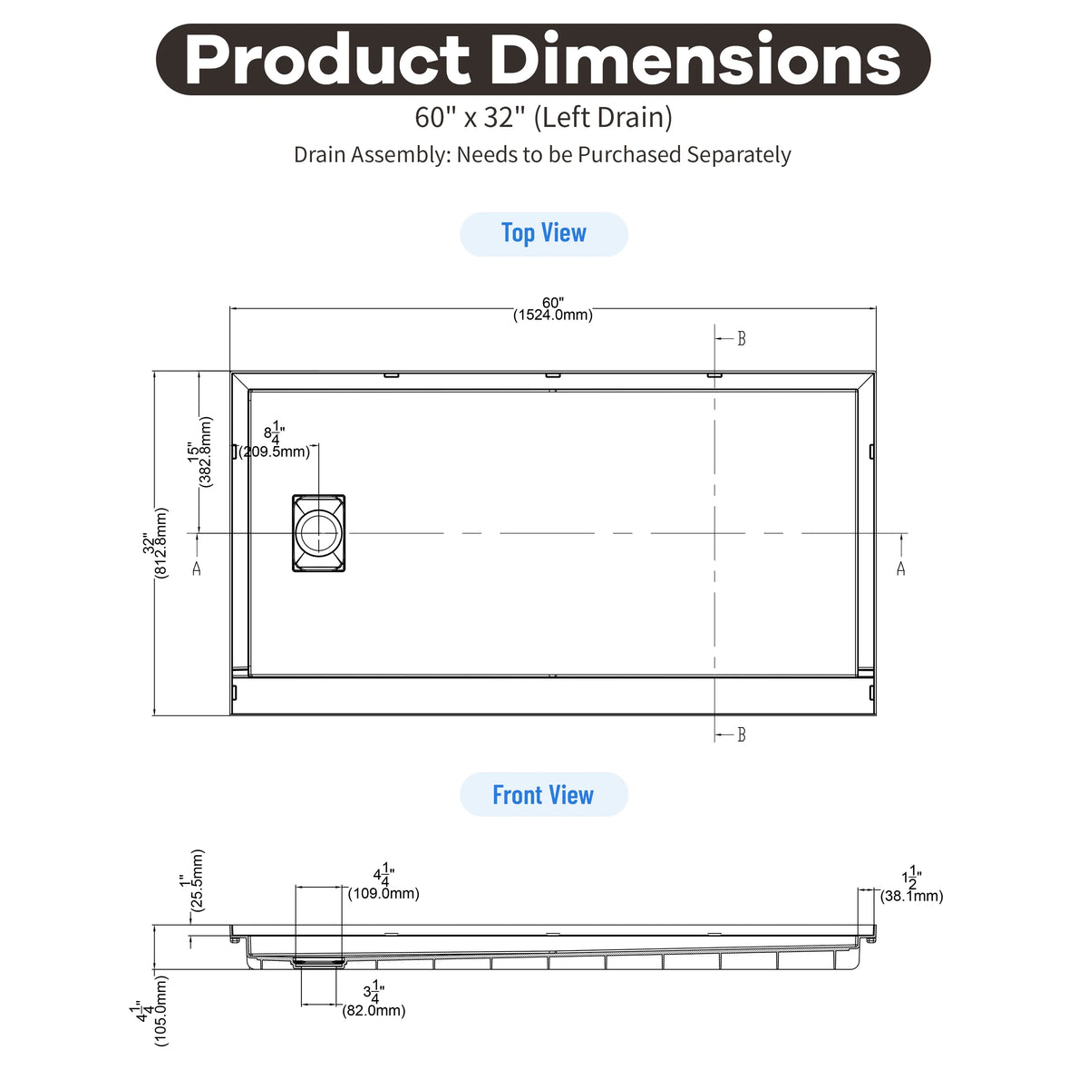 60"x30"/32" Grey One-Piece SMC Shower Pan Base with Anti-Slip Texture