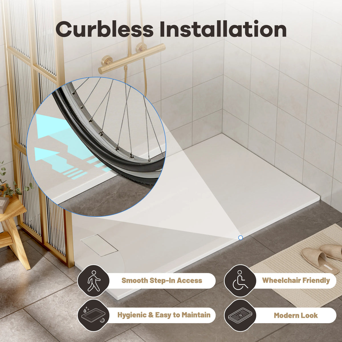 60"x32"/36" Curbless SMC Shower Base with Flamed Rock Slip-Resistant Surface, Reversible Drain