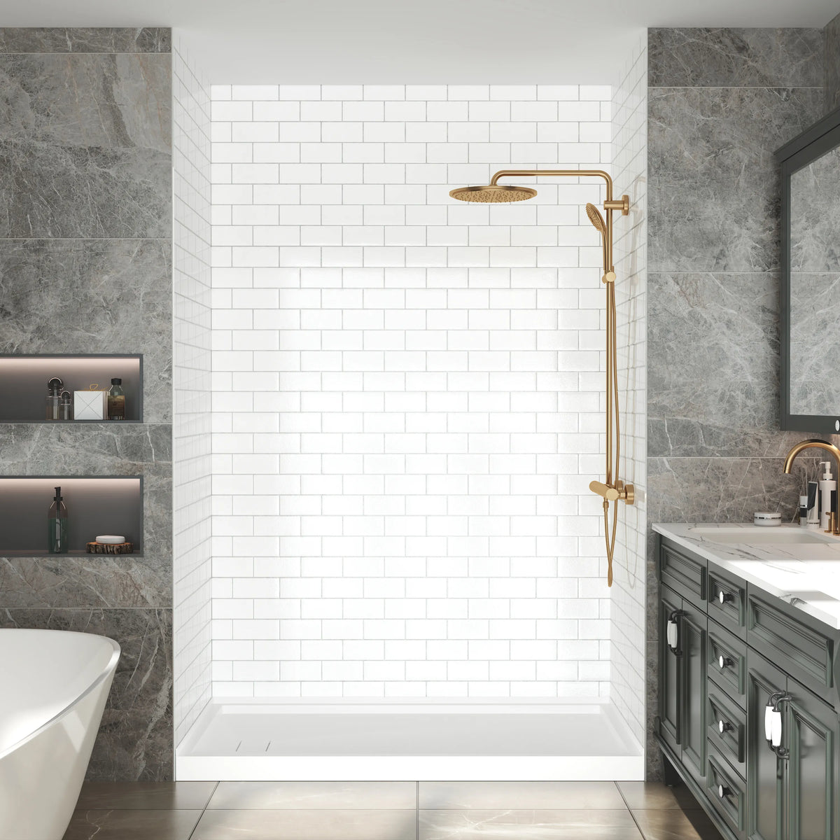 60"x32"x96" Matte/Glossy Surface SMC Shower Wall Panel Kit with Small Subway Tile Pattern