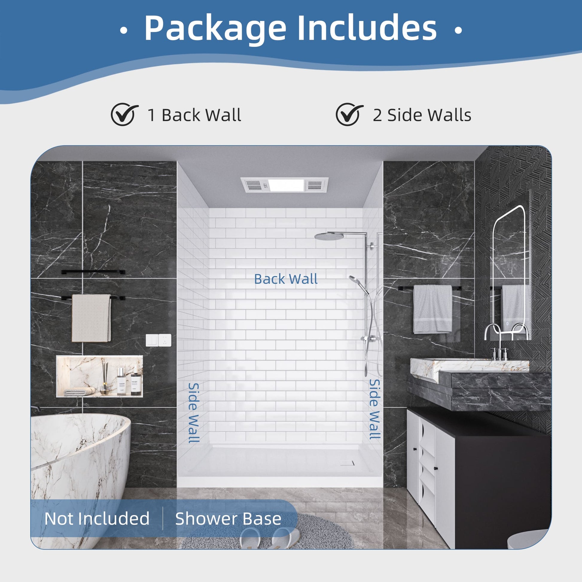 60"x32"x96" SMC Shower Wall Panel Kit with Small Subway Tile Pattern with Matte White / Glossy White Finish