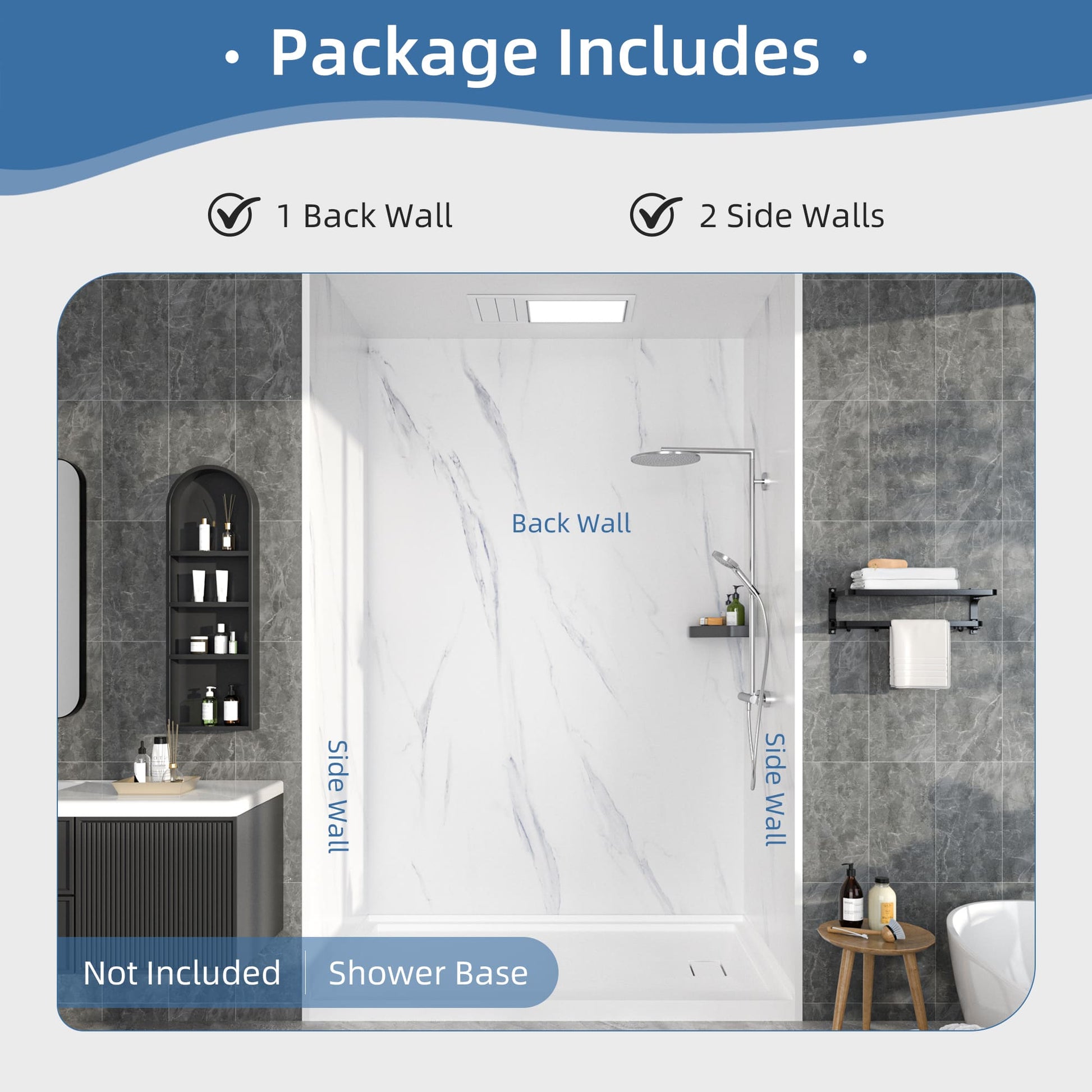60"x36"x96" SMC Shower Wall Panel Kit in Calacatta/Carrara Finish with Grout-Free Matte Surface