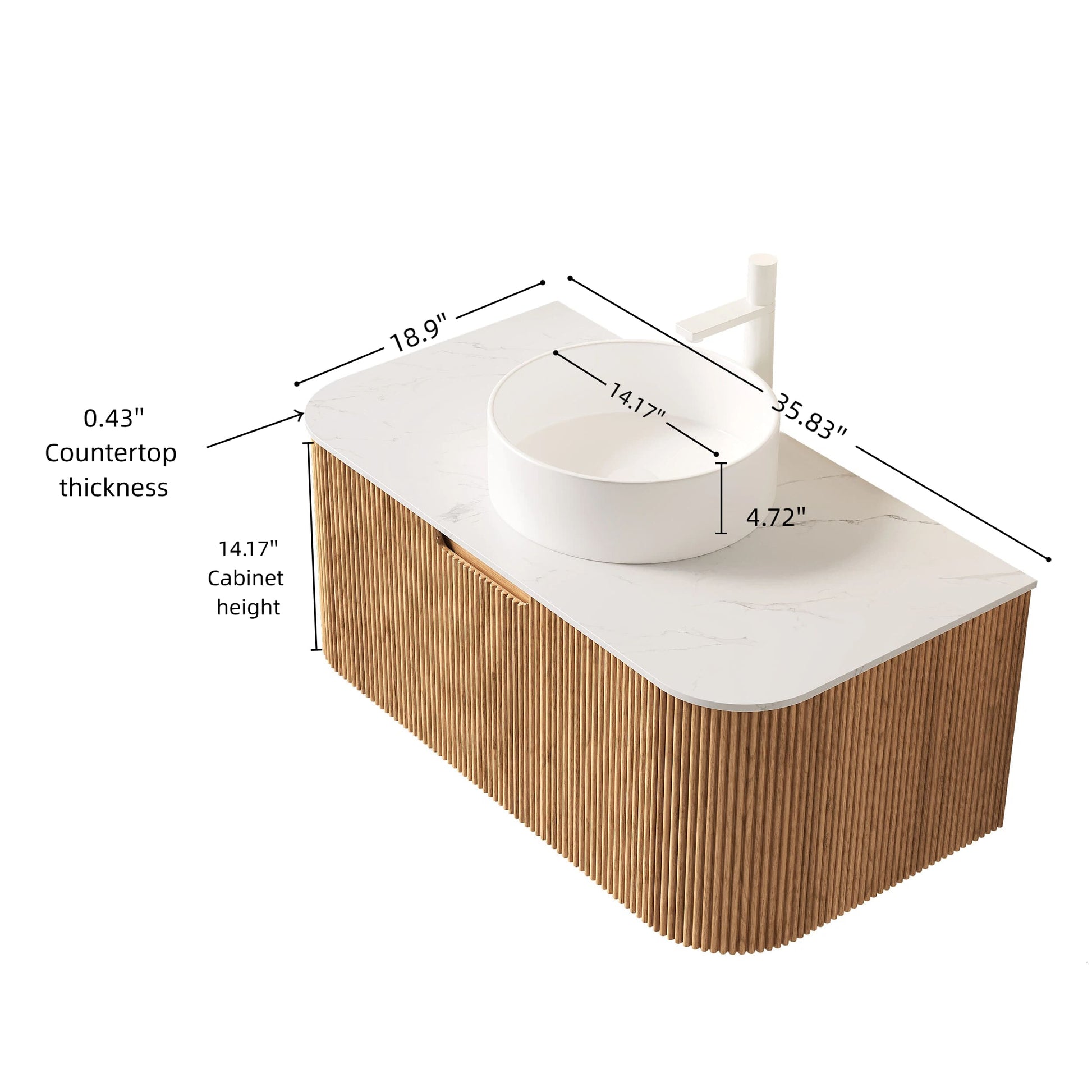 Floating Bathroom Vanity with Curved Edges, Fluted Drawer Fronts, Carrara Sintered Stone Top and Round Ceramic Vessel Sink, Natural Woodgrain / Dark Walnut