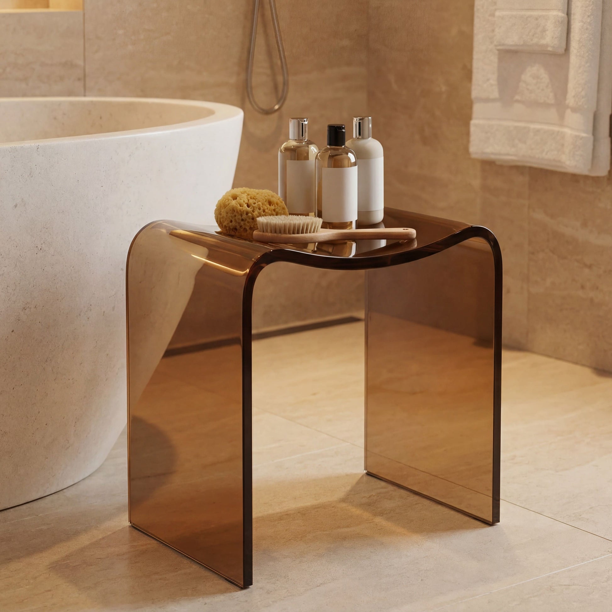 Resin Stone Freestanding Shower Stool with Gently Curved Seat