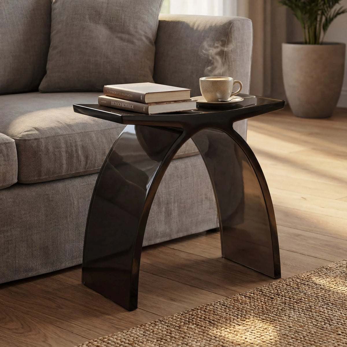 Translucent Resin Arched Solid Surface Bathroom Shower Bench in Glossy Smoke Black/Amber