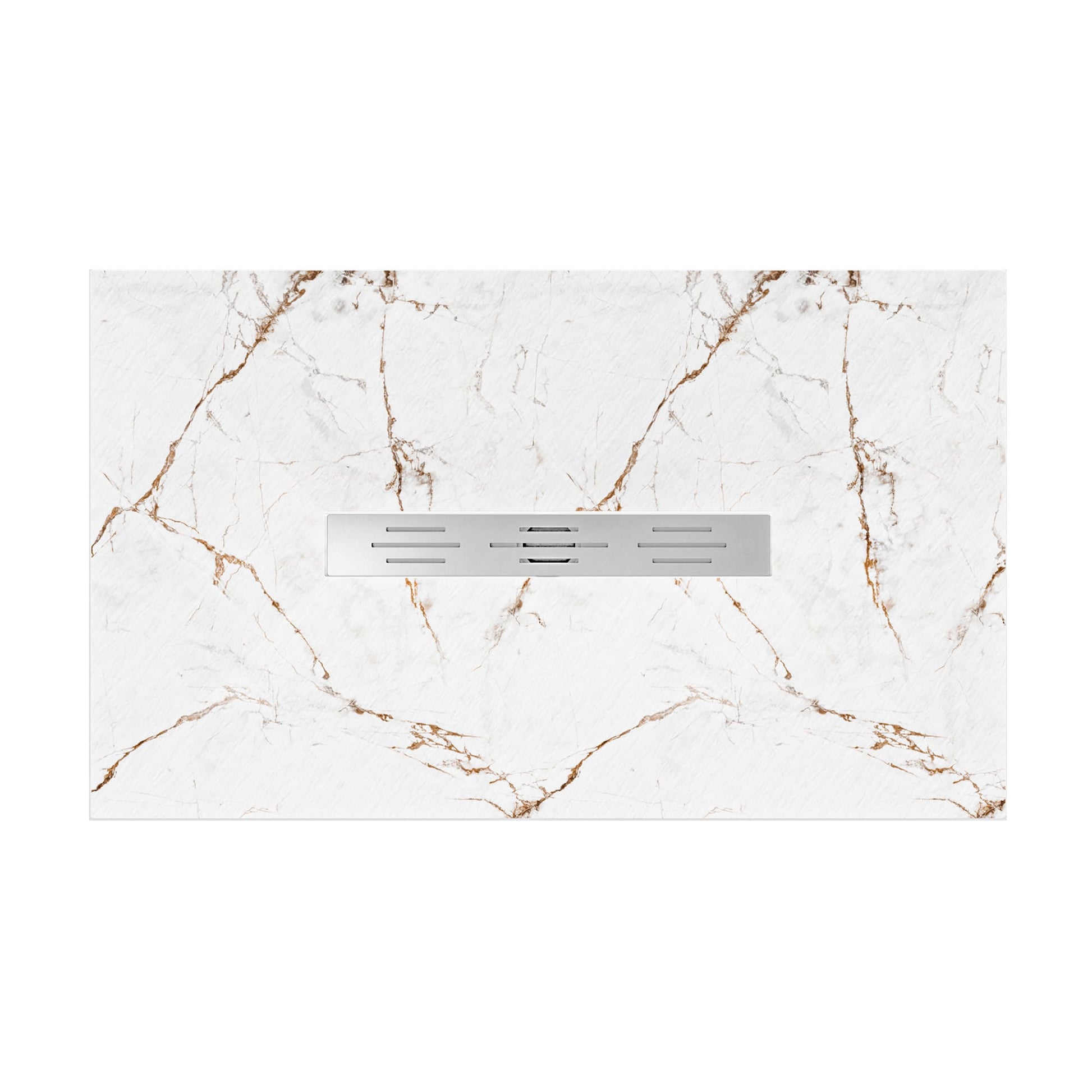 White/Calacatta Curbless SMC Shower Base with Flamed Rock Slip-Resistant Surface, Center Drain