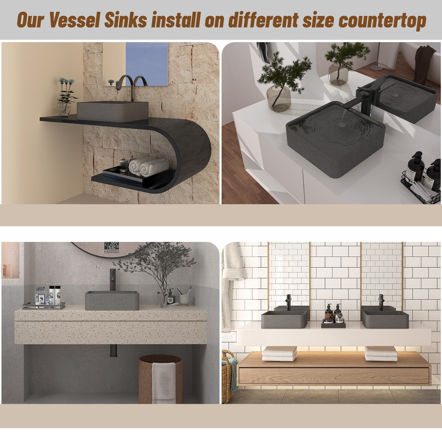 CASAINC 15in Bathroom Concrete Square Vessel Snk with Drainer in Mottled Bluish Grey / Cold Concrete Grey / Taupe Clay
