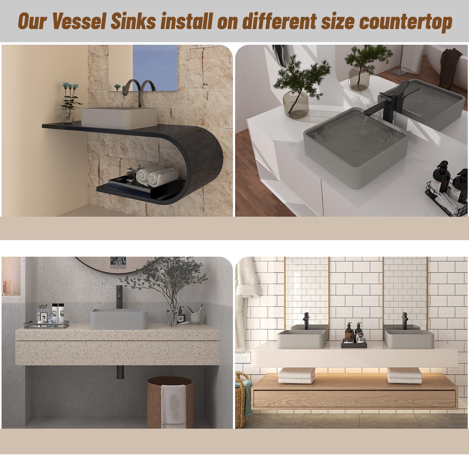CASAINC 15in Bathroom Concrete Square Vessel Snk with Drainer in Mottled Bluish Grey / Cold Concrete Grey / Taupe Clay