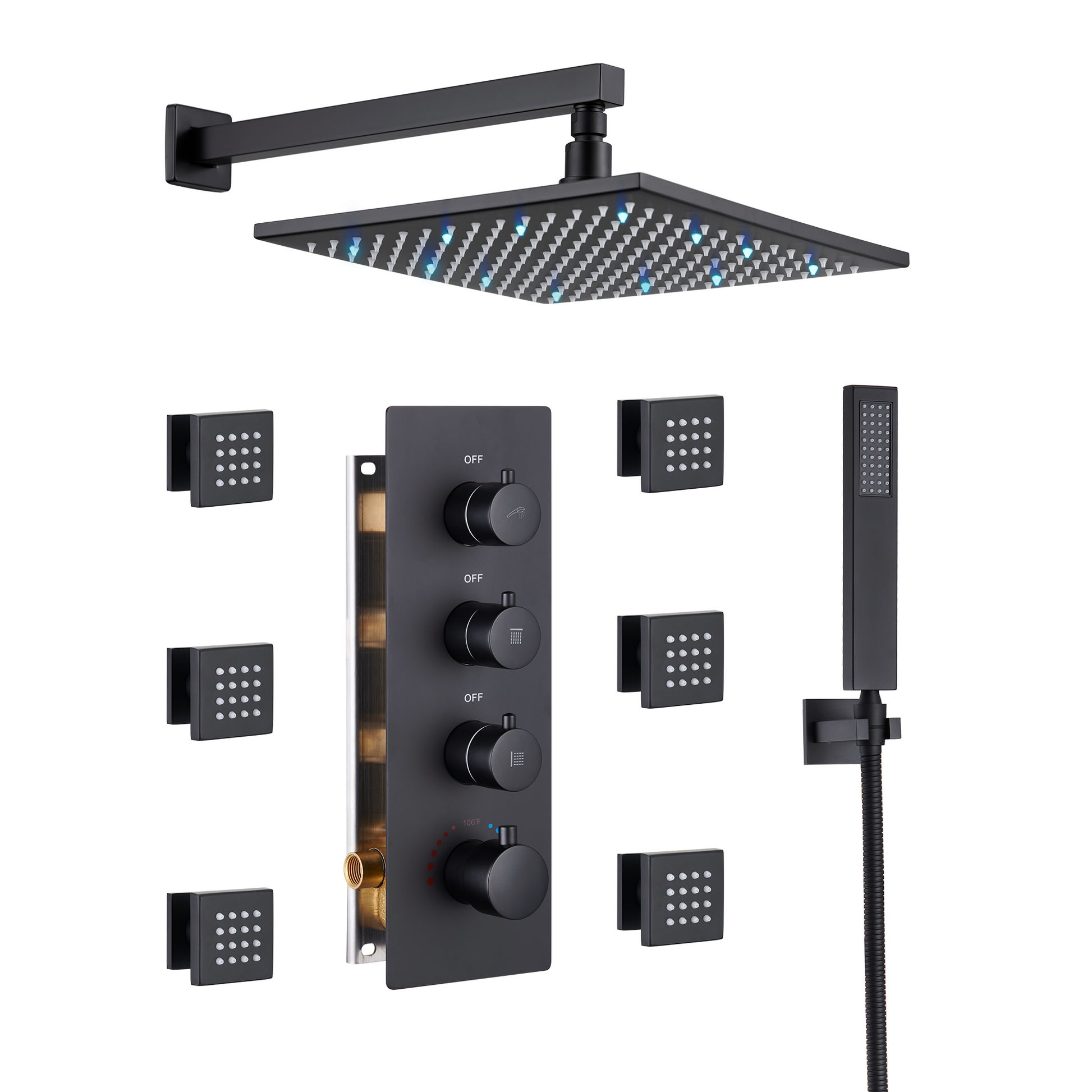 12" Thermostatic LED Shower System Wall-Mount Rain Showerhead with 6 Body Jets